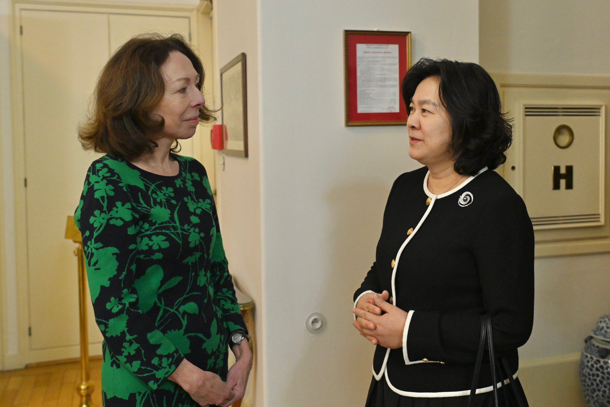 Marie Chatardova (left), Czechia’s deputy foreign minister, meets Hua Chunying, China’s foreign vice-minister, in Prague on Tuesday. Photo: Handout