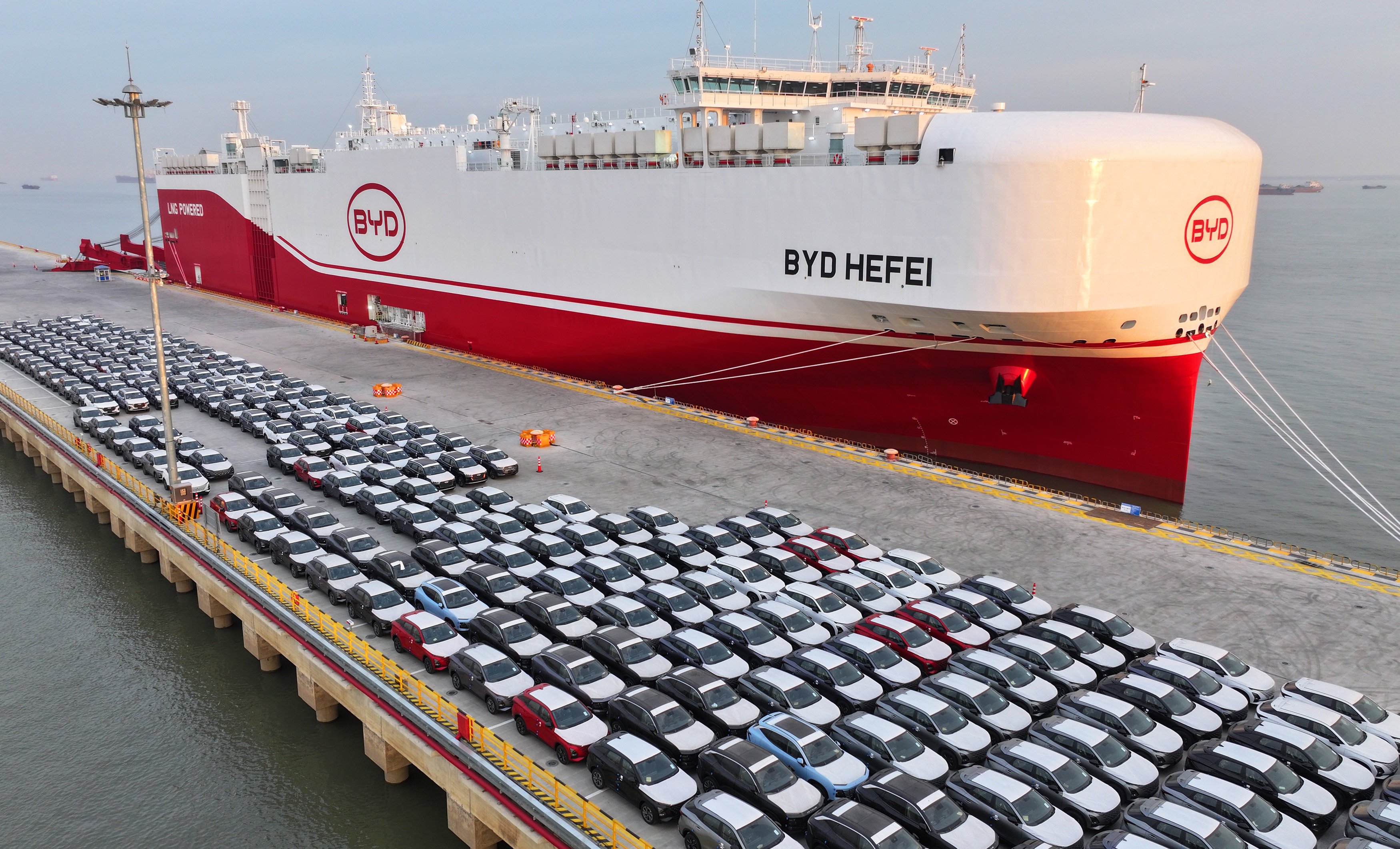 Vehicles wait to be loaded onto a carrier at the Taicang Port on January 11, 2025 in Suzhou, Jiangsu province. Photo: VCG via Getty Images