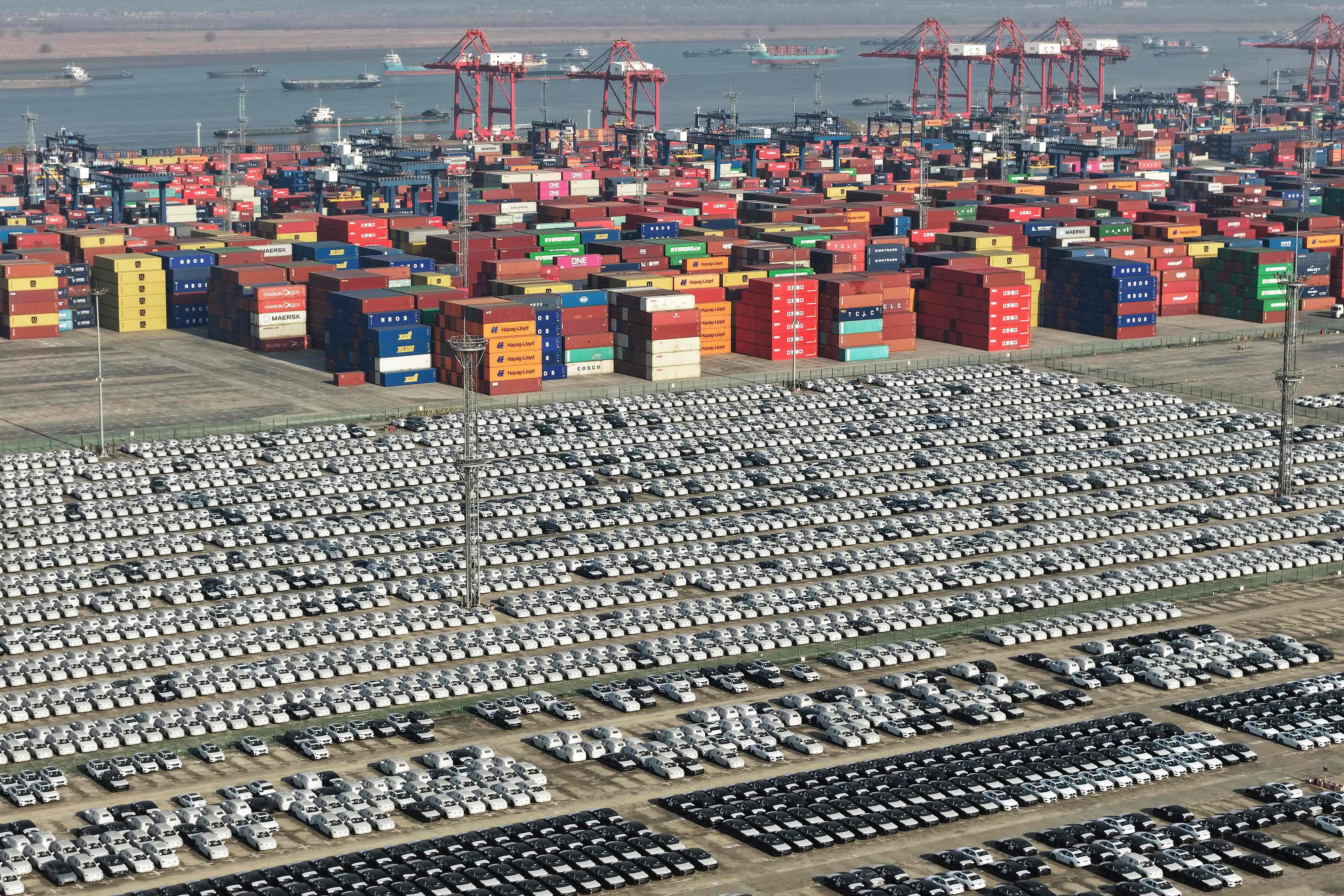 Car destined for export at the Longtan Container Terminal in Nanjing, Jiangsu province, on Wednesday. Photo: AFP