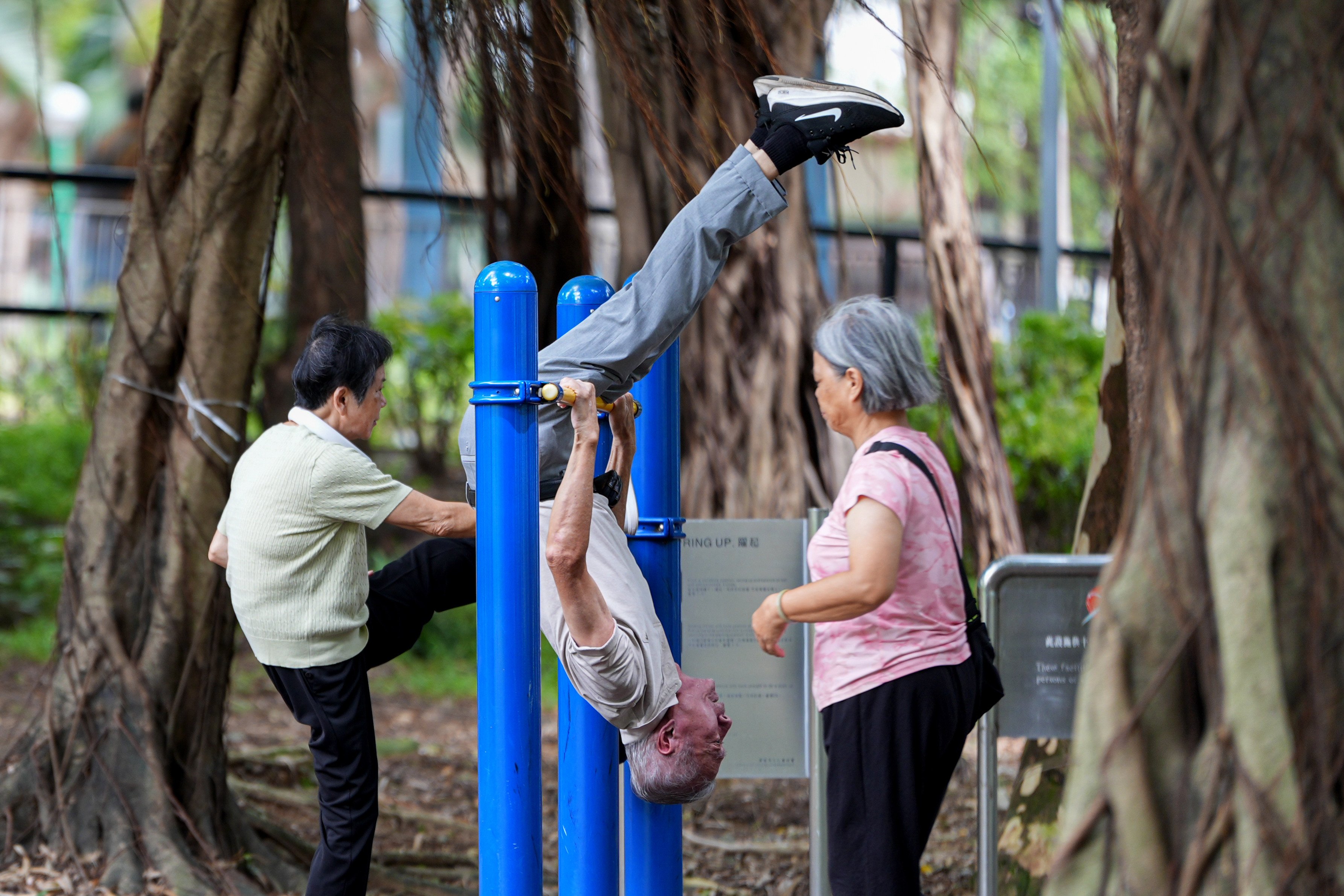 Elderly people do their morning exercises in Fanling on August 17, 2025. Photo: Eugene Lee
