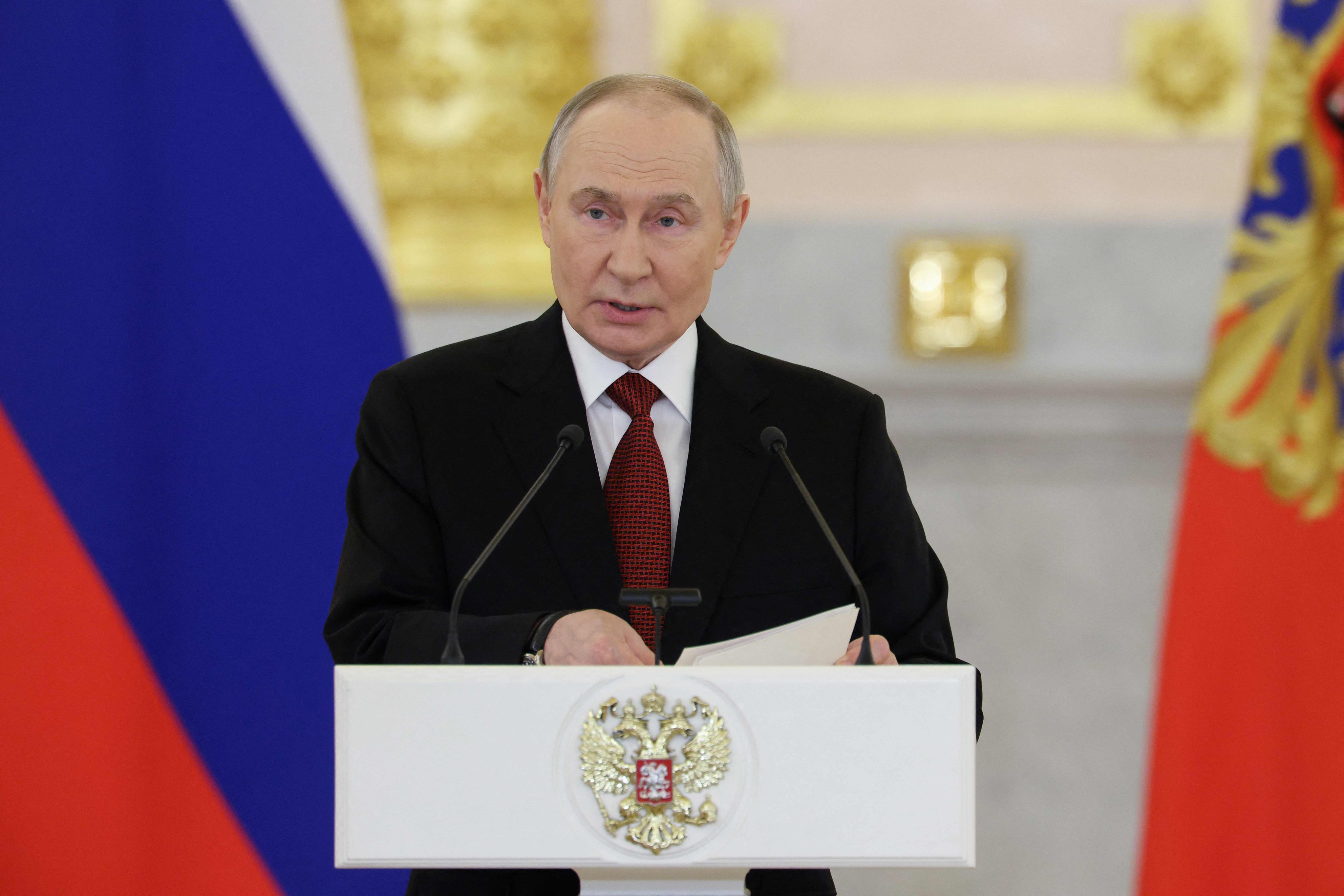 Russian President Vladimir Putin delivers a speech during a ceremony at the Grand Kremlin Palace in Moscow on Thursday. Photo: AFP