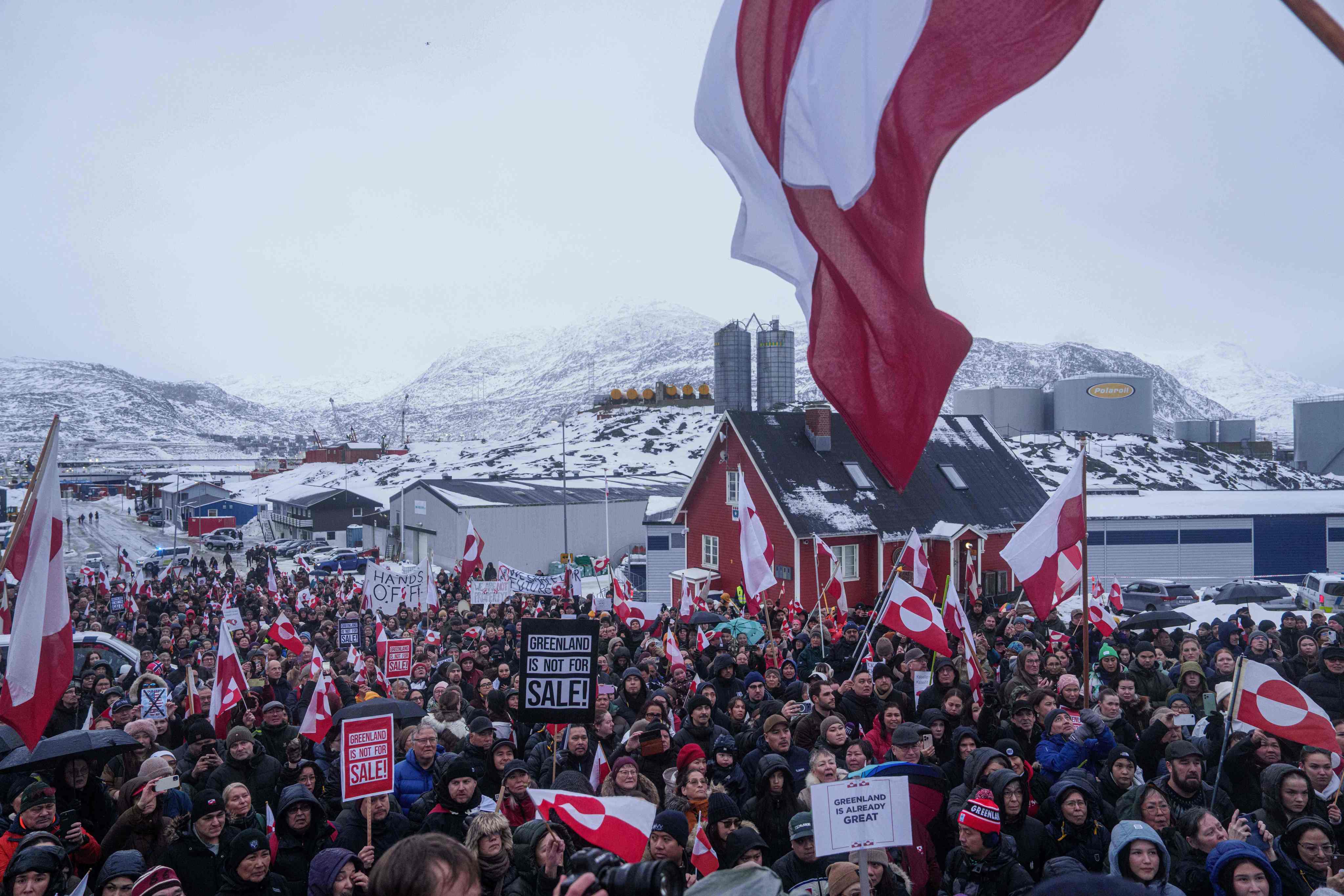 People protest against Donald Trump’s policy on Greenland in front of the US consulate in Nuuk, Greenland, on Saturday. Photo: AP