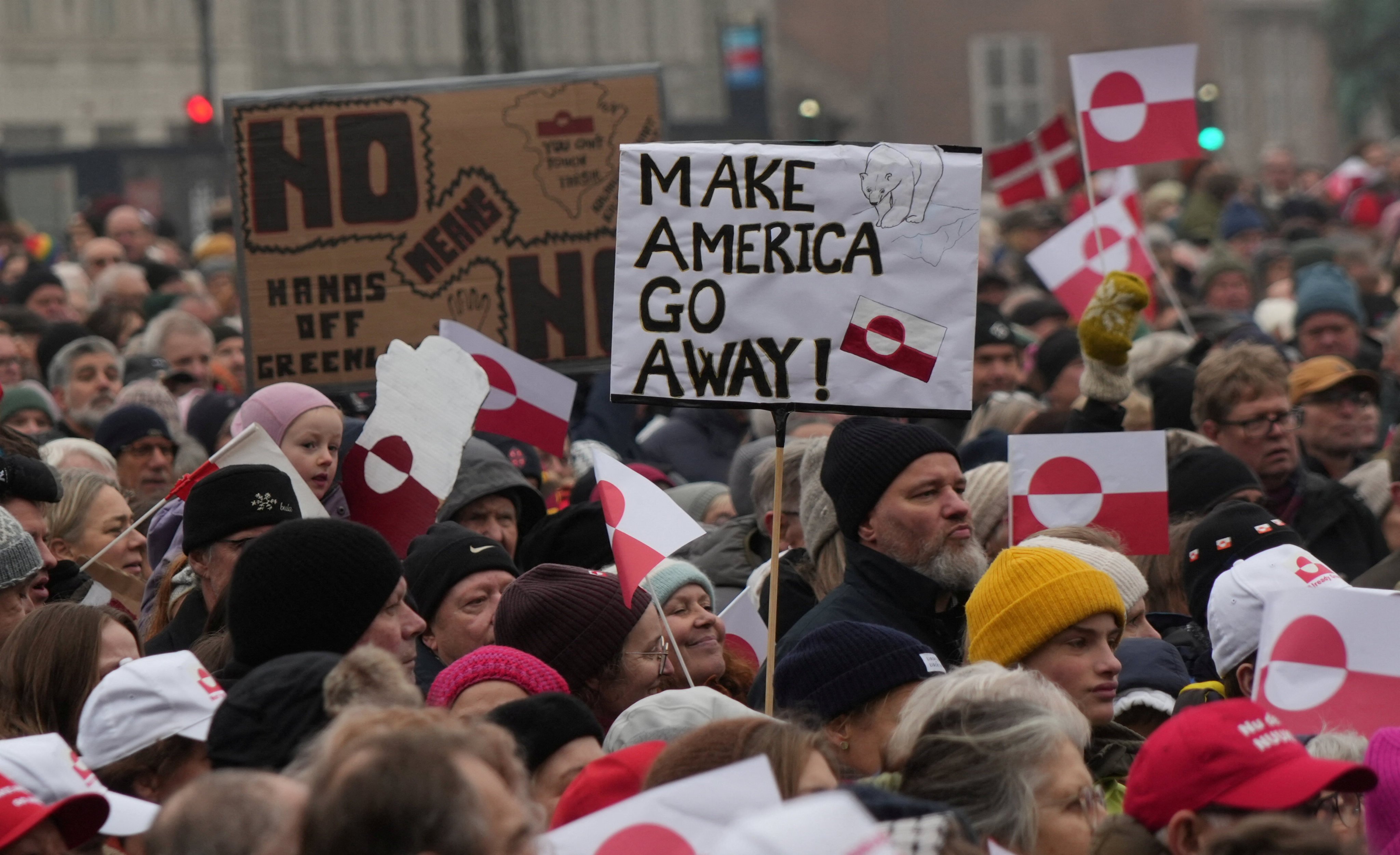 Protesters take part in a demonstration to show support for Greenland in Copenhagen, Denmark, on Saturday. Photo: Reuters