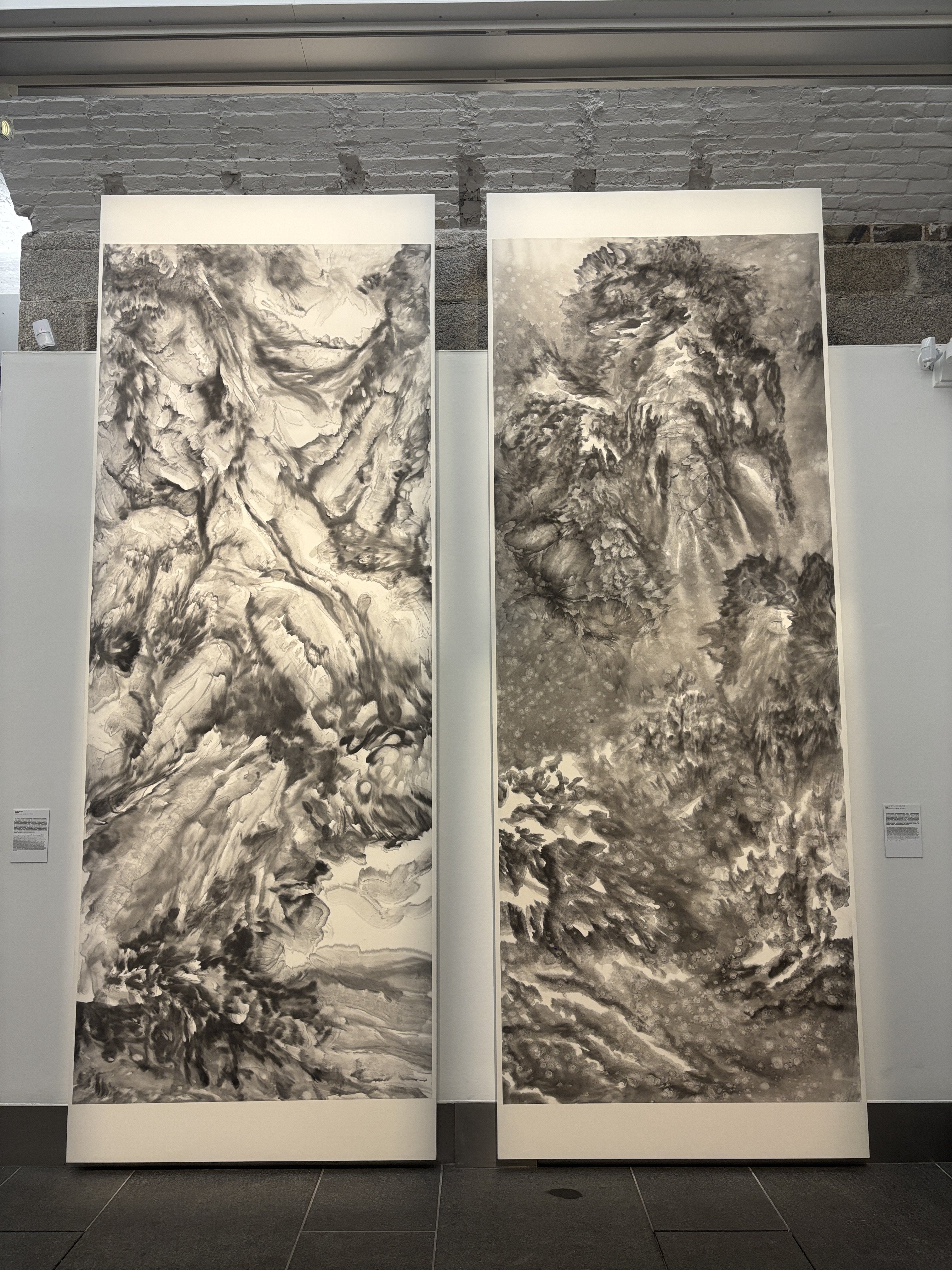 From left to right: Bingyi’s ink paintings Chaos Opens (2022) and Journey to the Snowy Mountain (2019-2023).