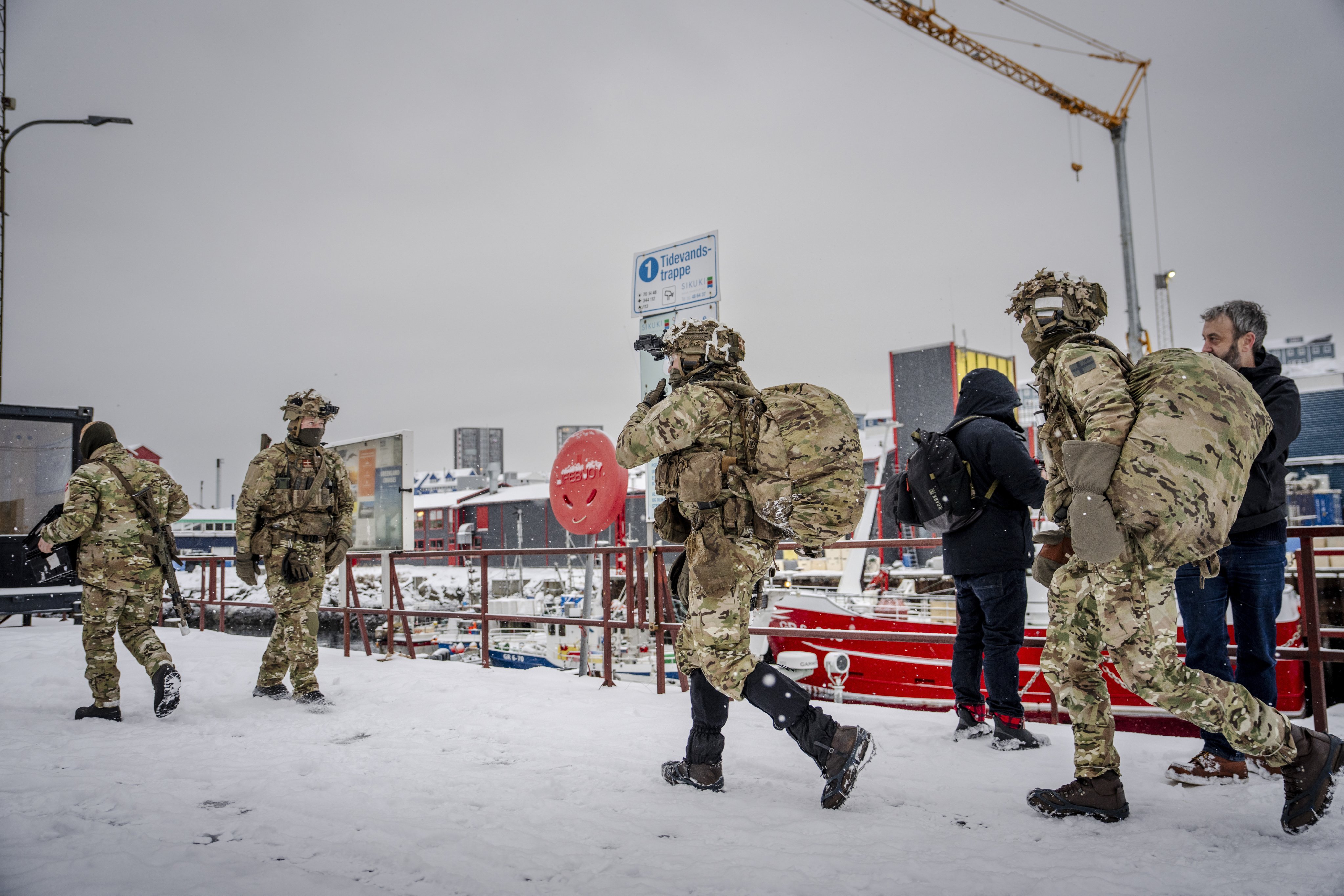 Danish soldiers after disembarking at the harbour in Nuuk, Greenland on Sunday. Photo: Mads Claus Rasmussen/Ritzau Scanpix via Reuters