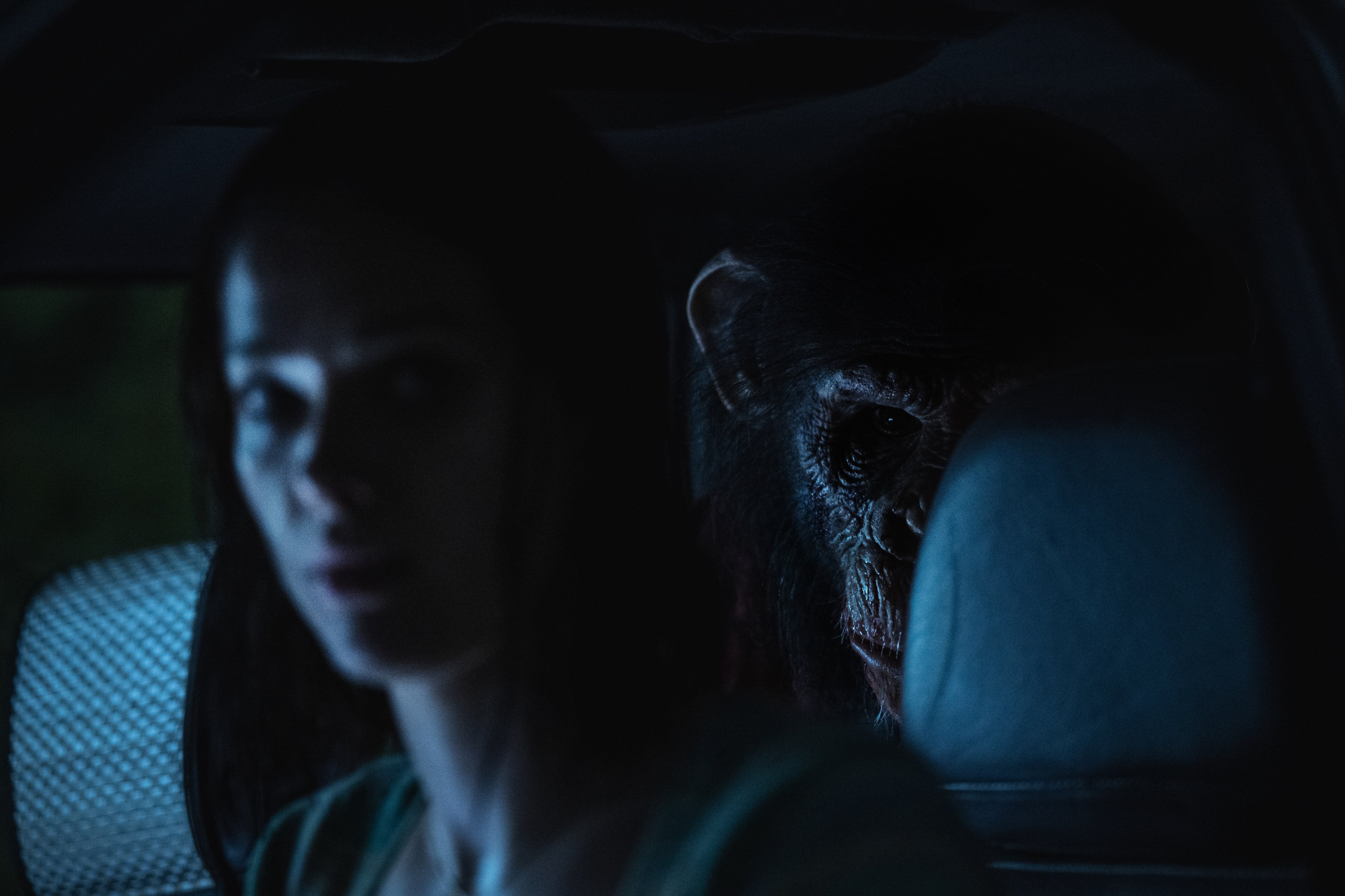 Jessica Alexander as Hannah and Miguel Torres Umba as Ben the chimpanzee in a still from “Primate”. Photo: courtesy of Paramount Pictures