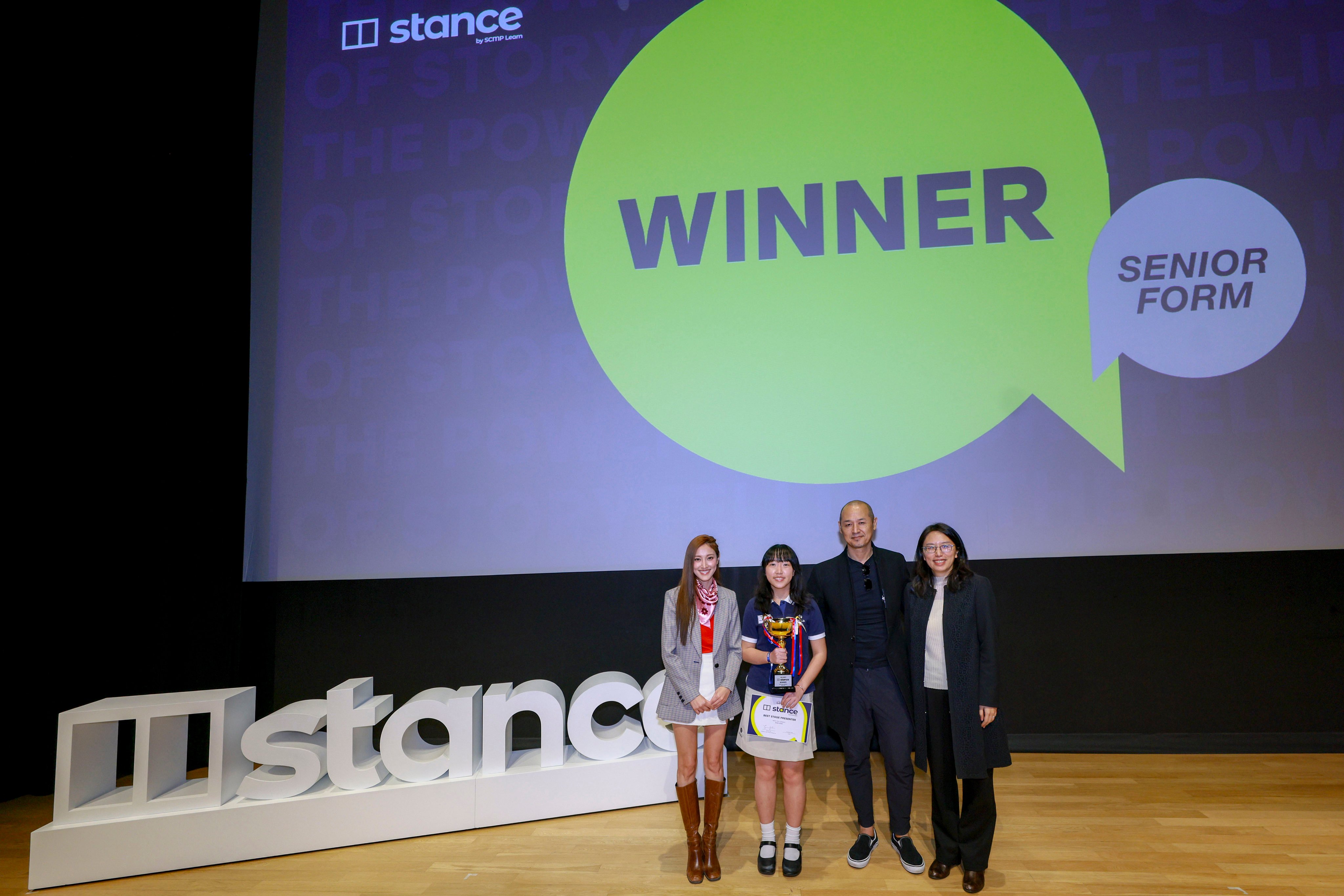 Hong Kong students Vanessa Jane Wong (second from left) and Wan Ruixi won global storytelling awards highlighting AI risks and cultural differences in schools. Photo: SCMP