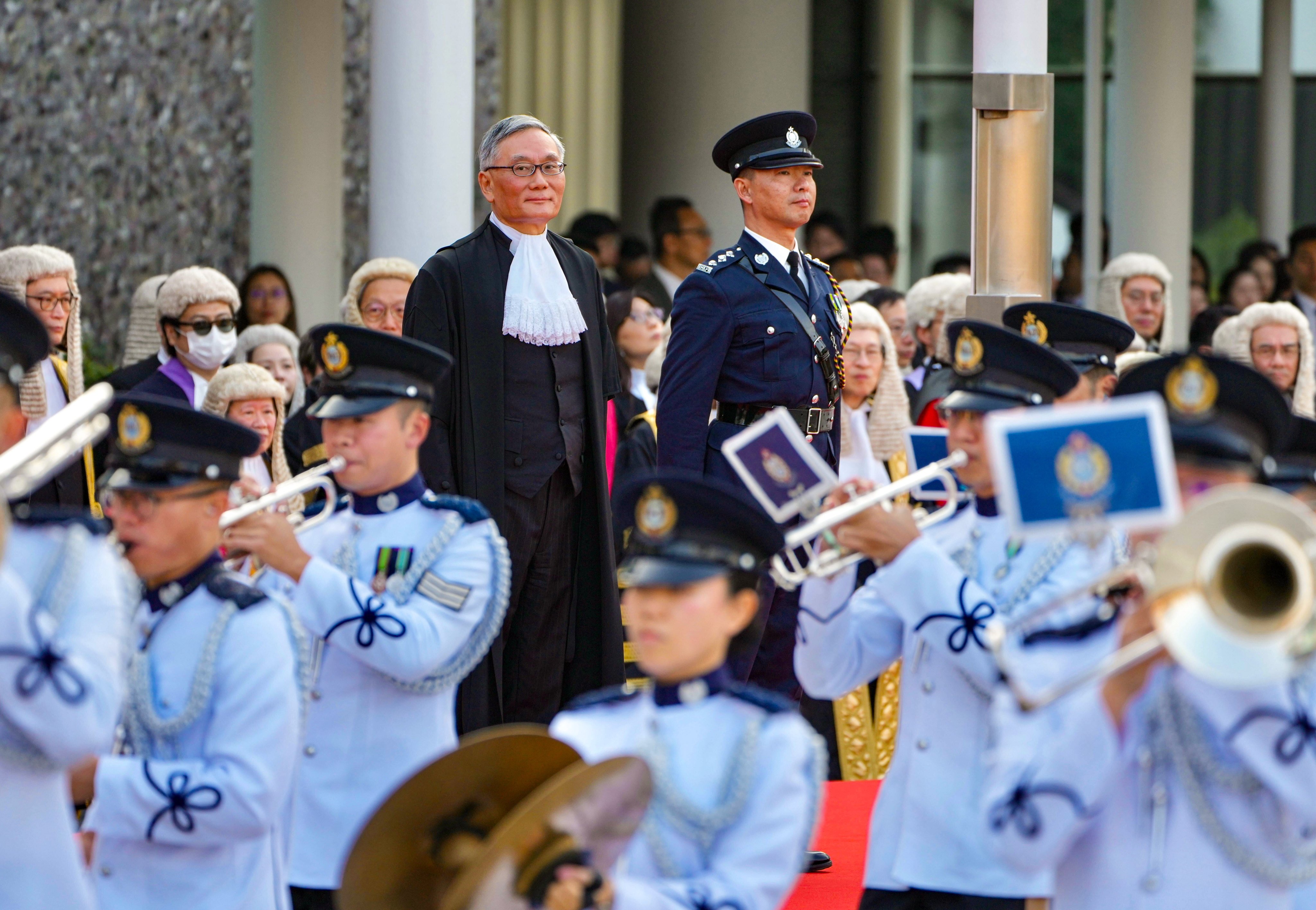 Hong Kong’s Chief Justice Andrew Cheung inspects the police ceremonial guard outside City Hall on Monday, ahead of his speech to mark the opening of the 2026 legal year. Photo: Sam Tsang