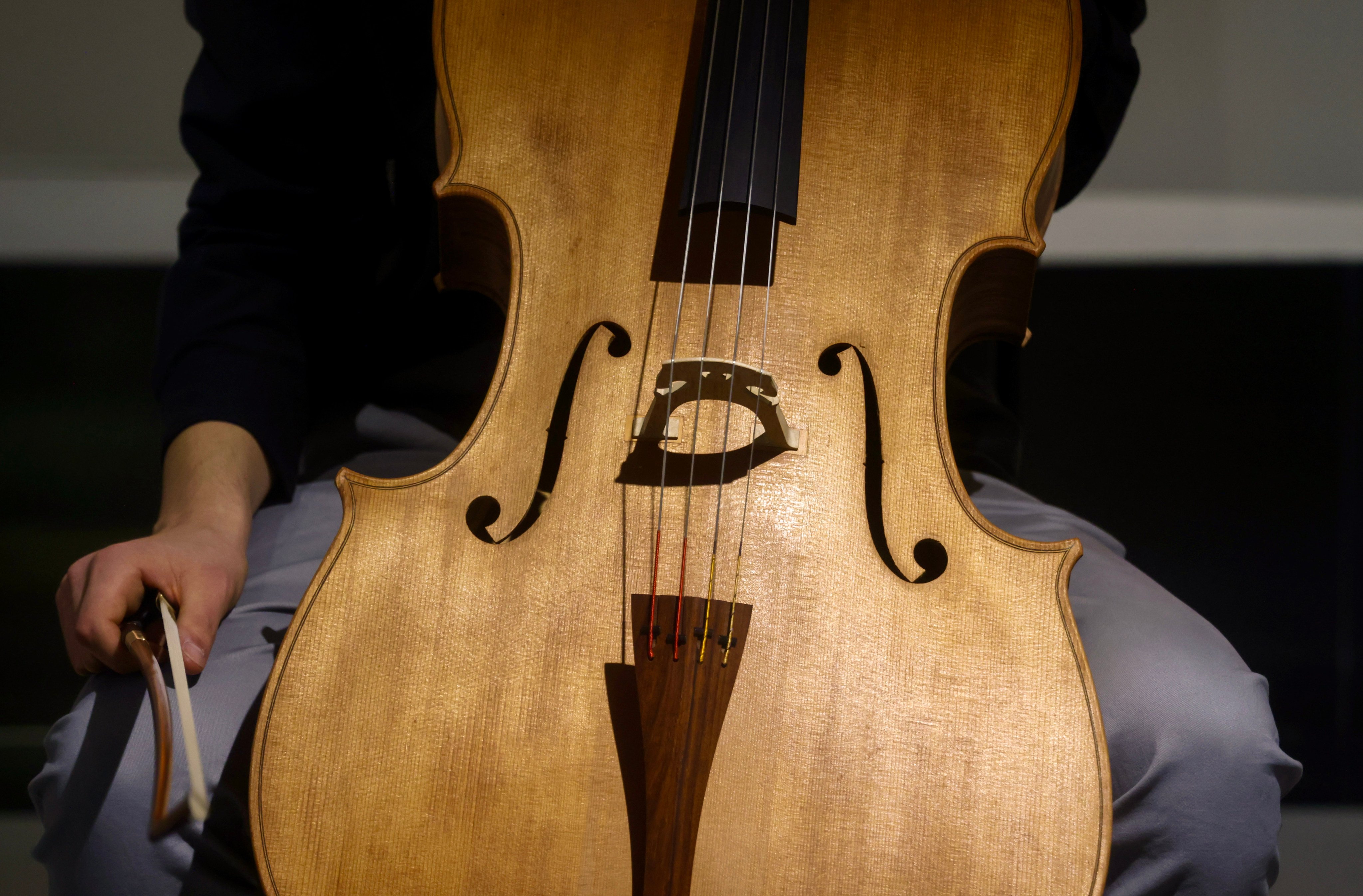 The Chinese rosewood cello that stars in “The World’s First Huanghuali Cello” is seen at the exhibition at the Liang Yi Museum in Sheung Wan, Hong Kong. The exhibition, which runs until January 28, showcases the masterpiece alongside other items made from Chinese rosewood. Photo: Jonathan Wong