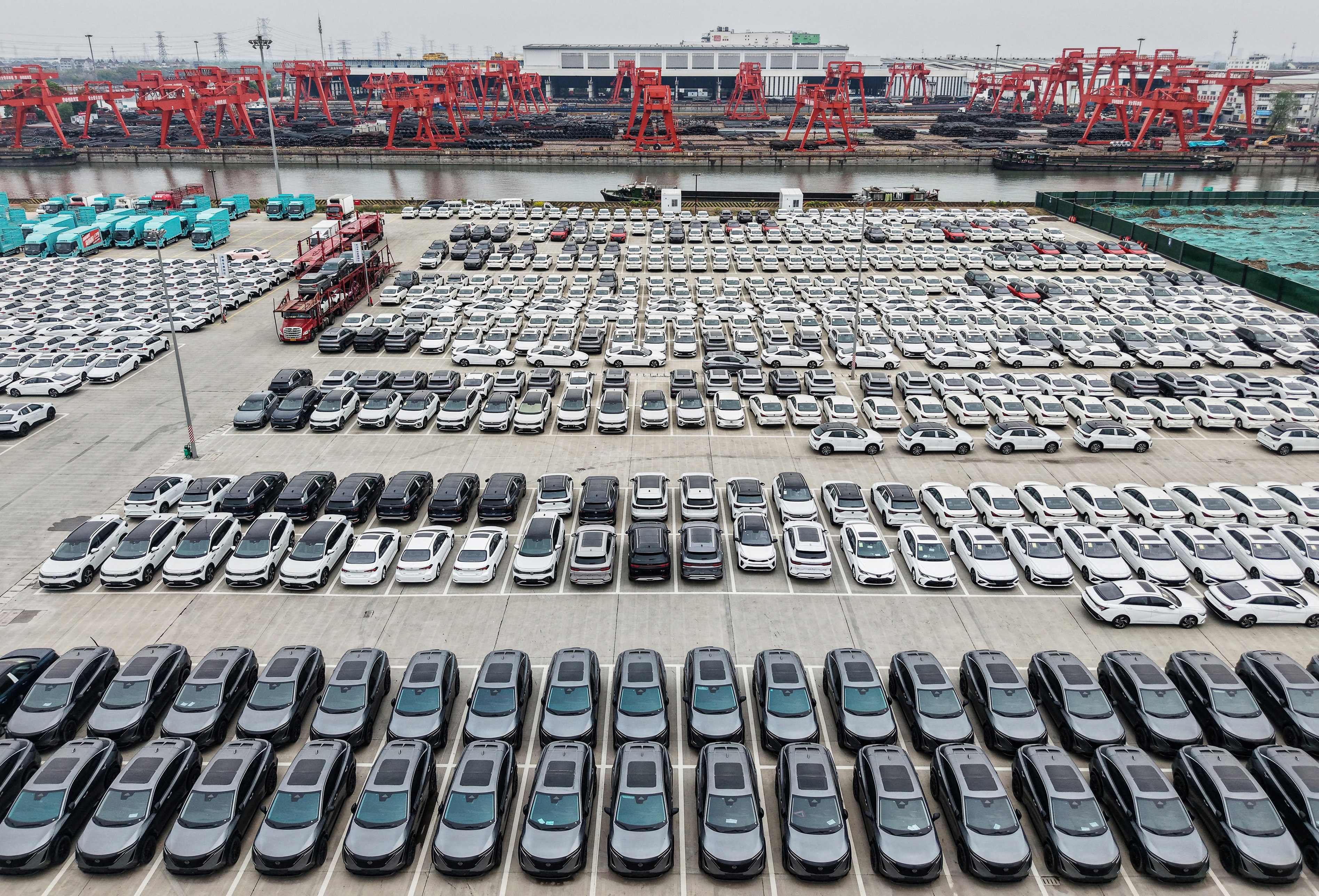 Electric vehicles for export are seen at a port in Hangzhou, in eastern China’s Zhejiang province on April 2, 2025. Photo: AFP