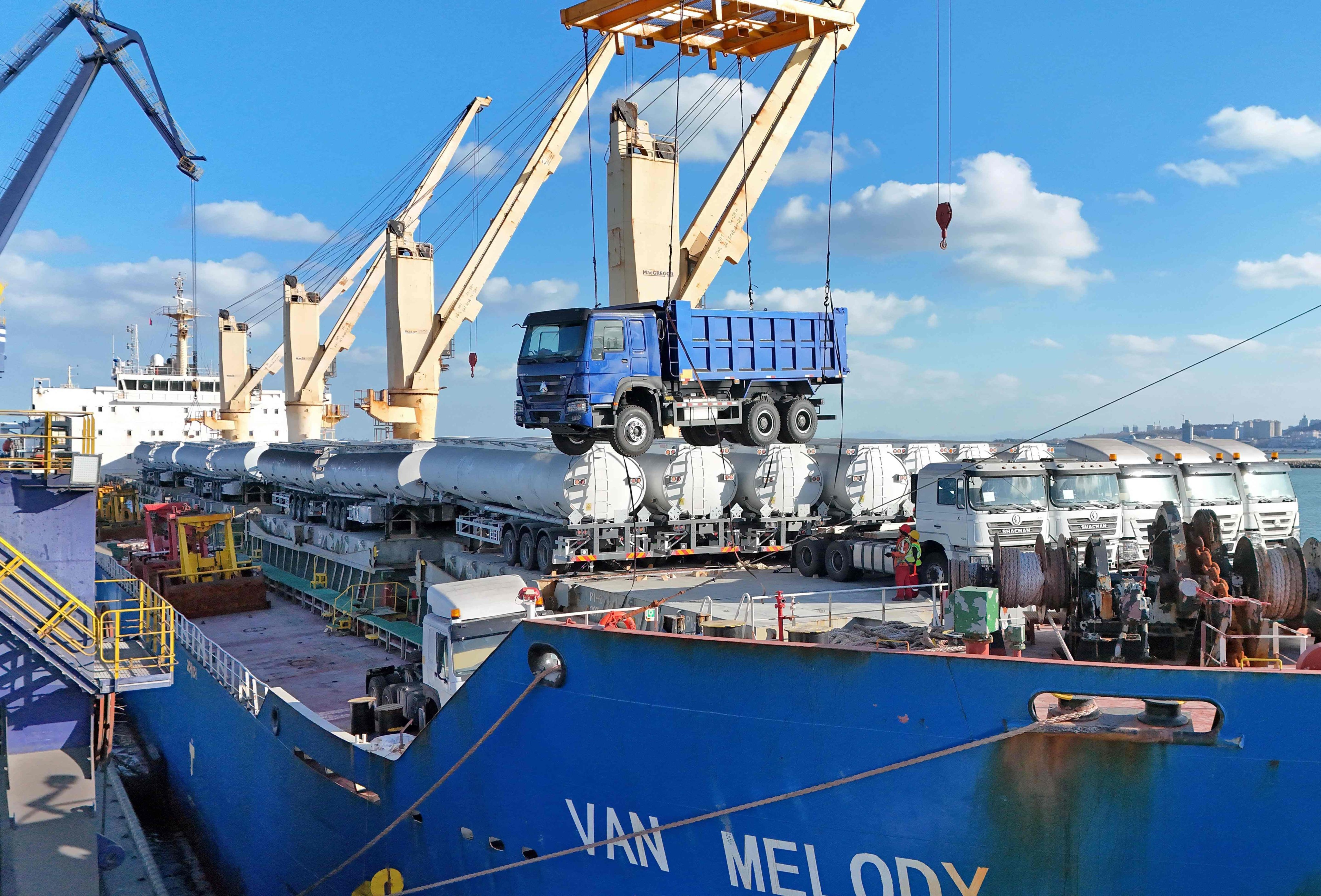 Workers load trucks for export to Africa at Yantai port in Shandong province this month. The jump in Africa’s trade deficit with China was driven by a 25.8 per cent surge in Chinese exports, outpacing 5.4 per cent growth in African shipments to China. Photo: AFP