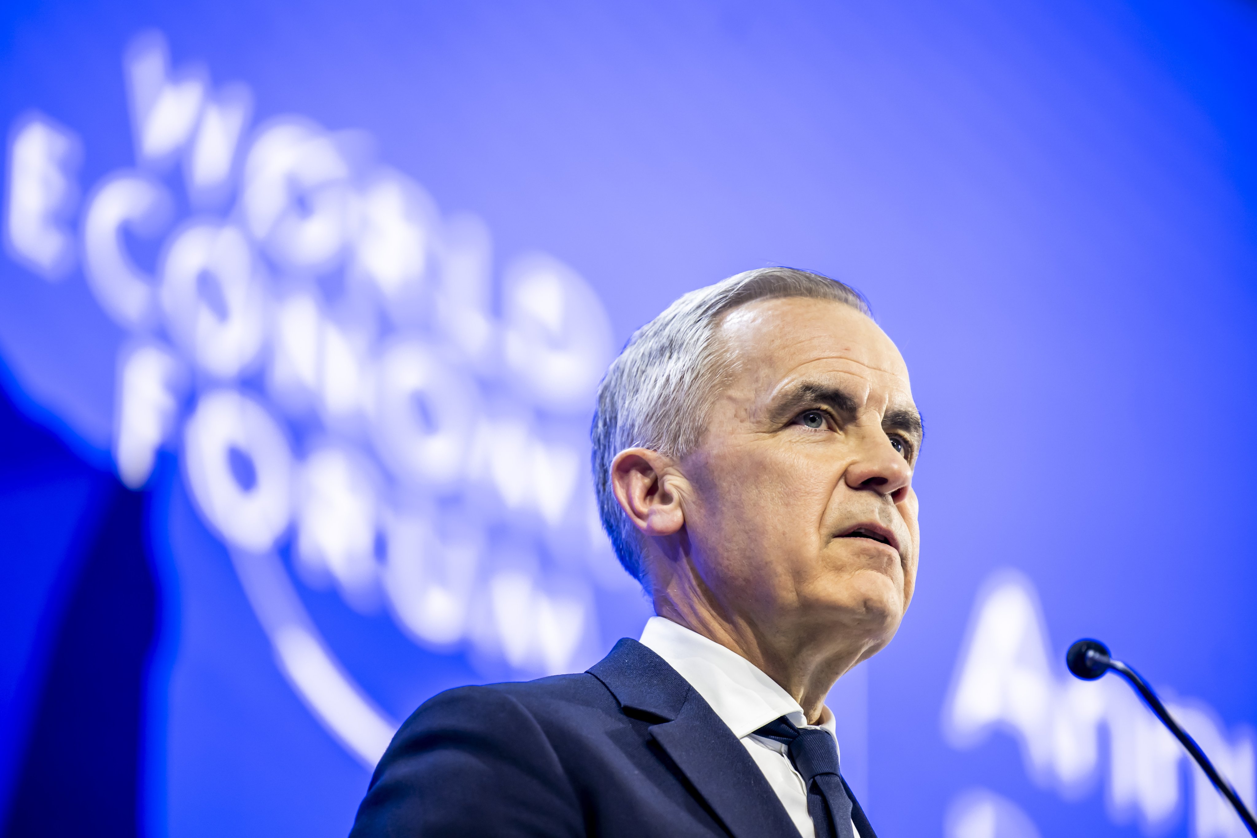 Canadian Prime Minister Mark Carney speaks during a plenary session at the World Economic Forum in Davos, Switzerland, on Tuesday. Photo: EPA