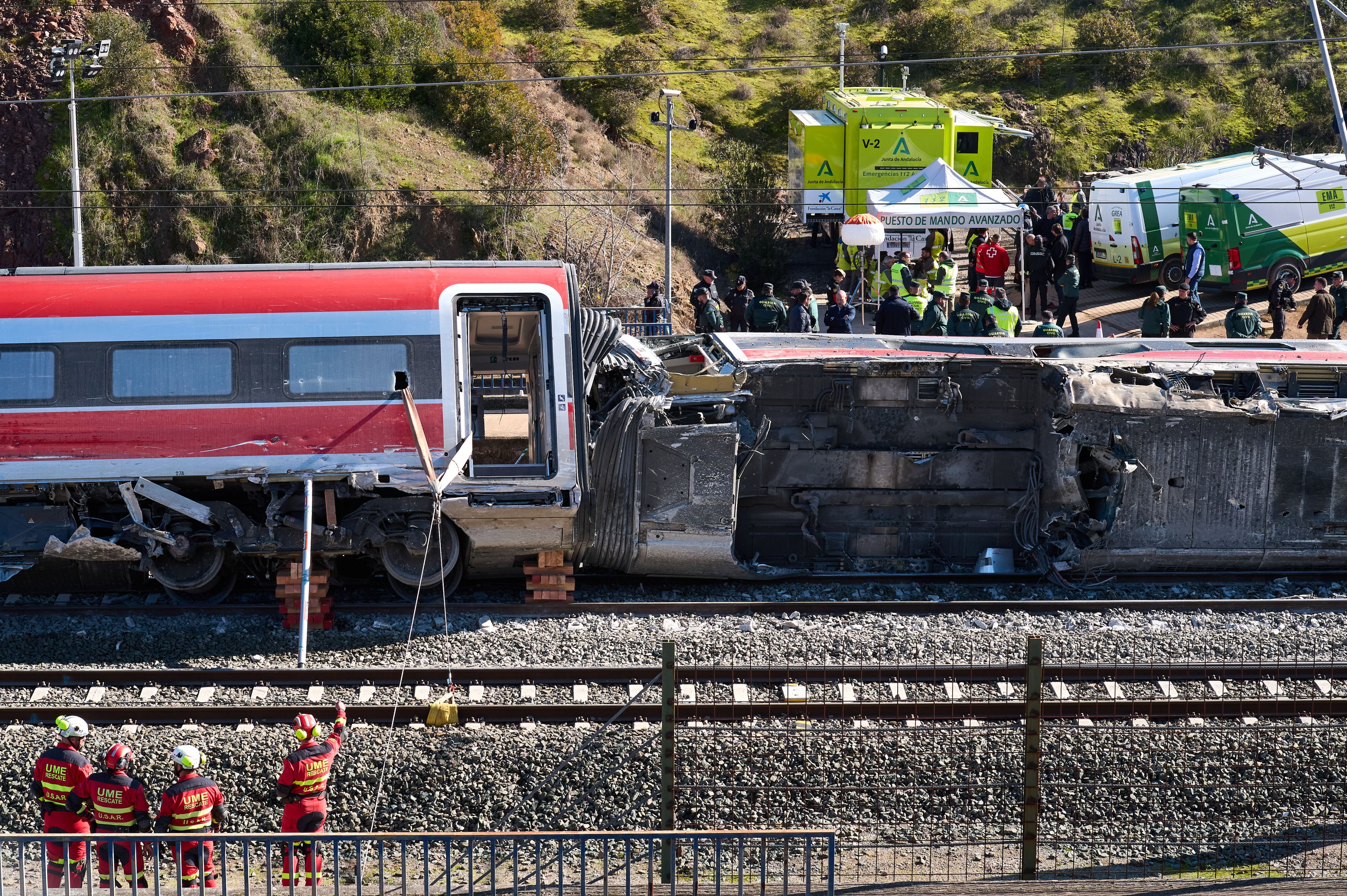 Rescuers work at the site of a high-speed train collision near Adamuz, in Cordoba, Spain. Photo: Xinhua
