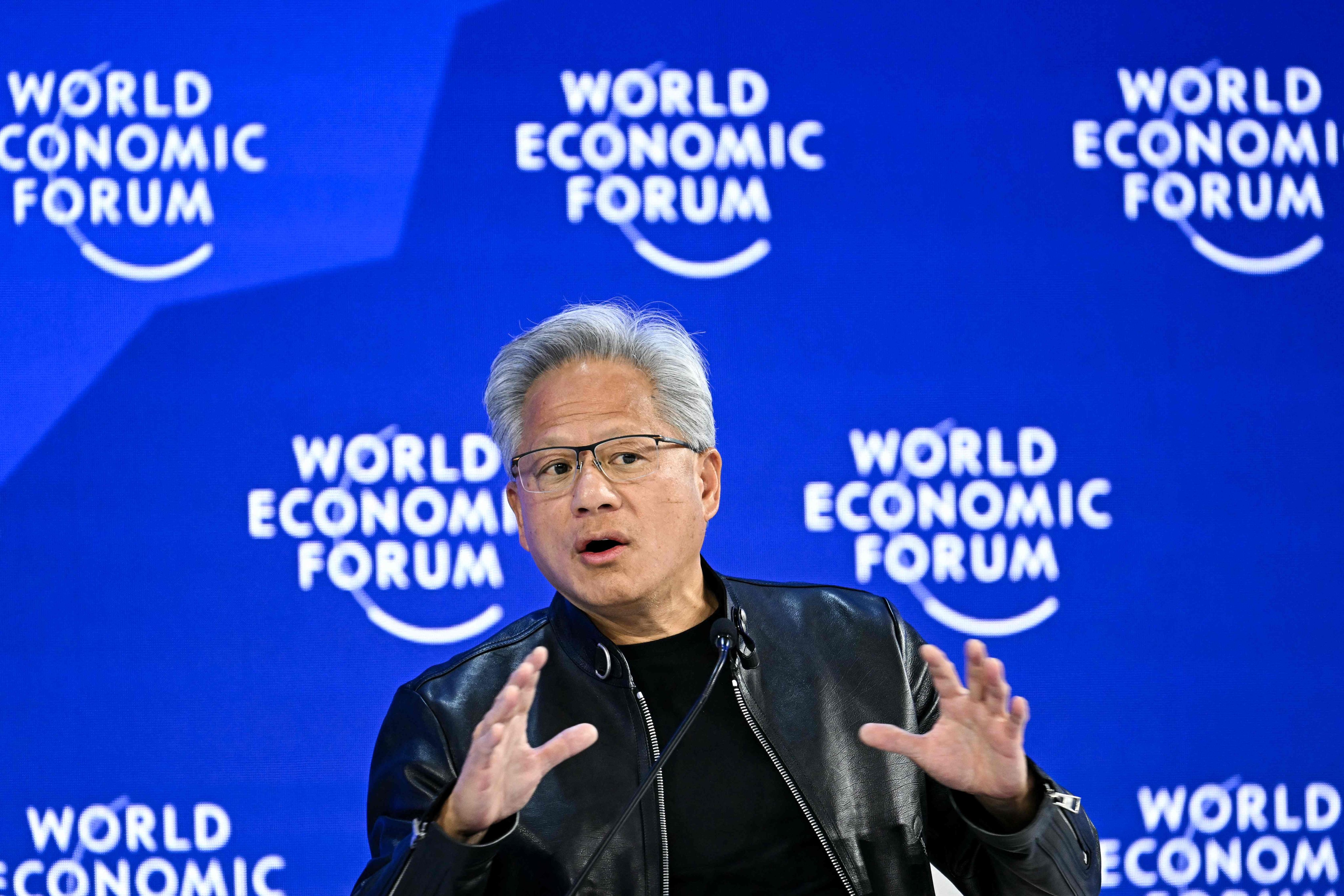 Nvidia founder and CEO Jensen Huang speaks at the World Economic Forum meeting in Davos on Wednesday. Photo: AFP