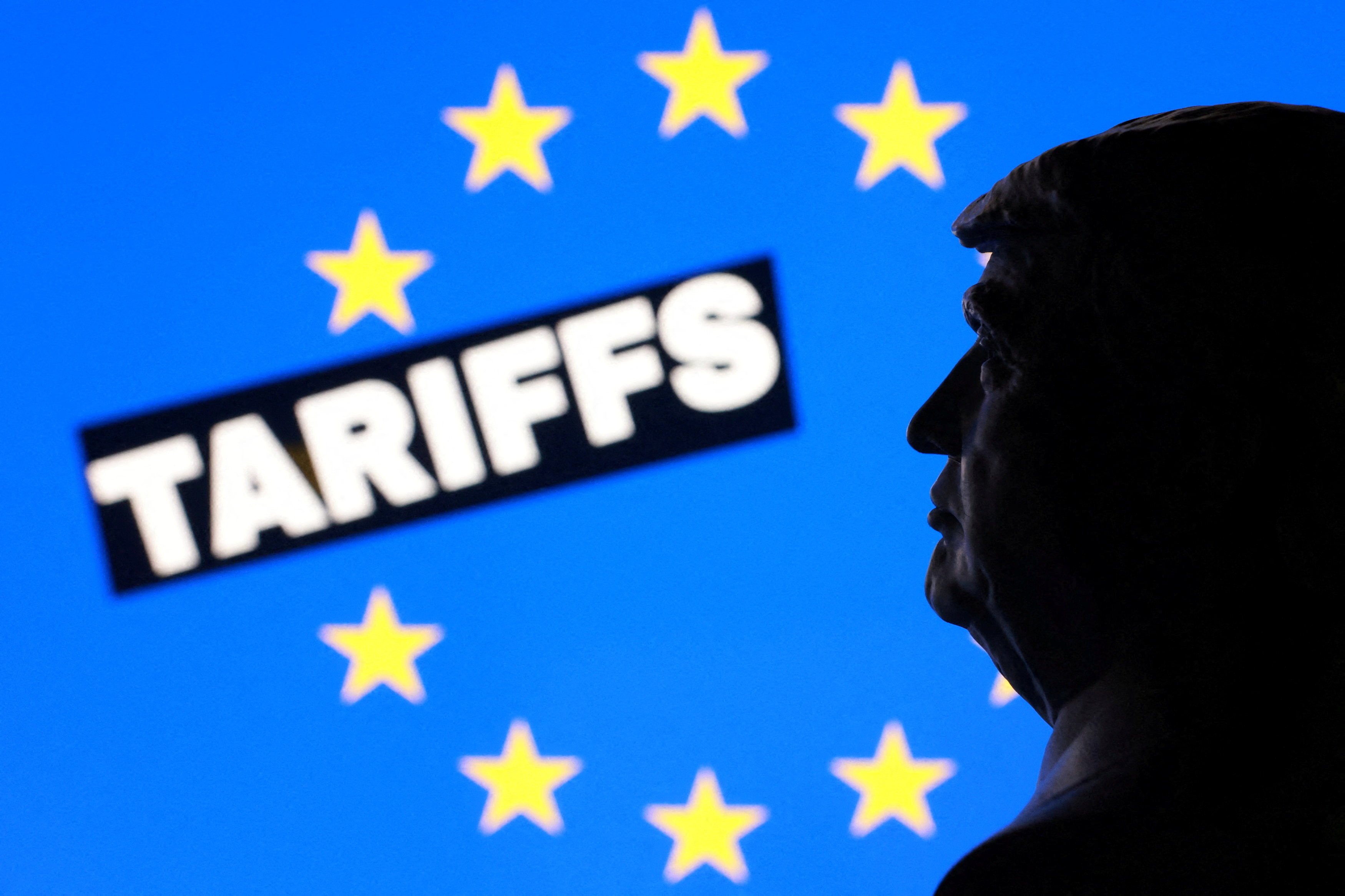 An illustration shows a 3D-printed miniature model of US President Donald Trump, the EU flag and the word “Tariffs”. Photo: Reuters