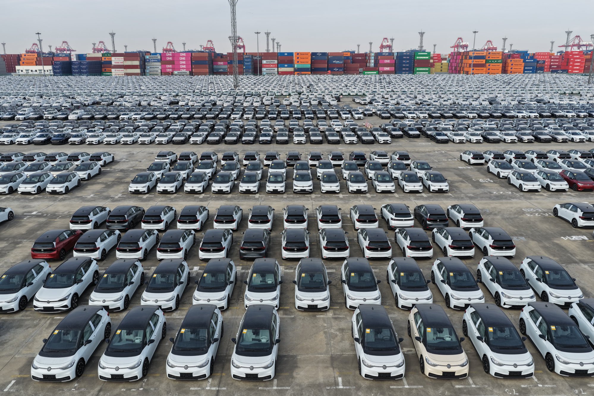 A large number of Volkswagen pure-electric vehicles destined for overseas are parked at Nanjing’s Longtan Port Area, in eastern Jiangsu province, on December 4, 2025. Photo: NurPhoto via Getty Images