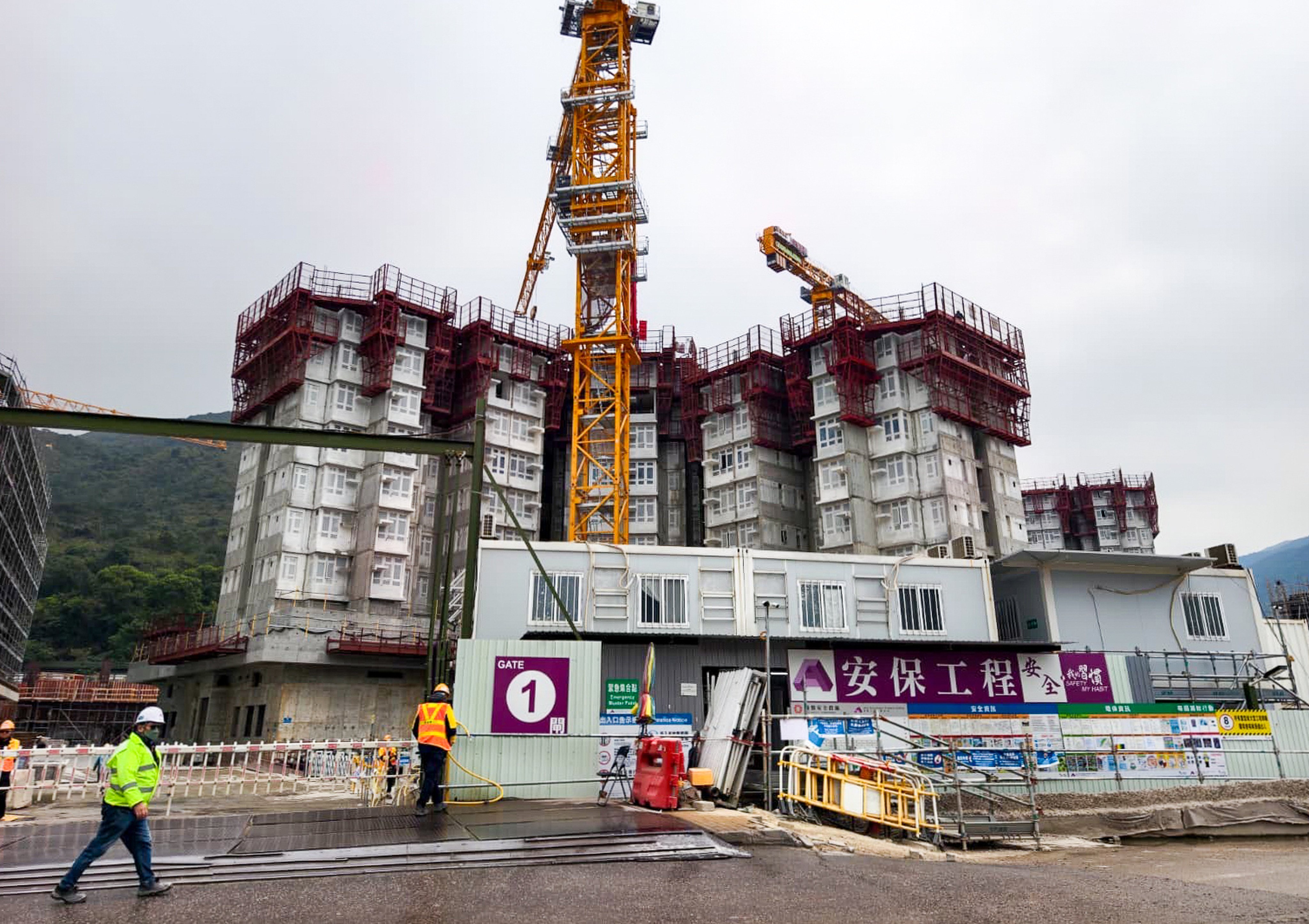 The construction site in Tung Chung under the Housing Department, where a worker was injured after falling onto steel rebar on Thursday. Photo: Handout