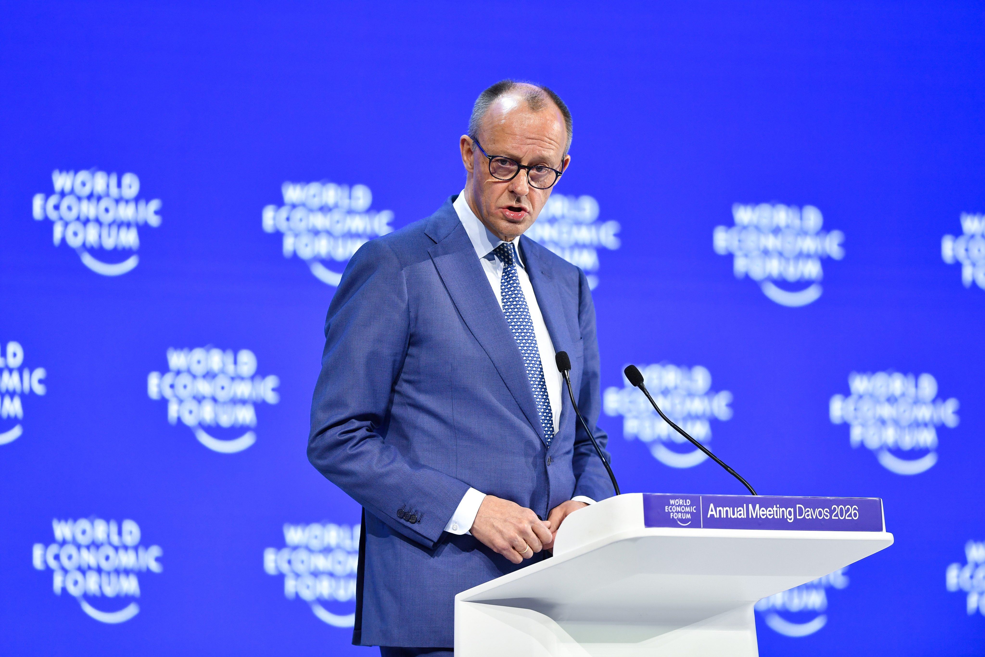 German Chancellor Friedrich Merz speaks at the World Economic Forum in the Swiss town of Davos on Thursday. Photo: Xinhua