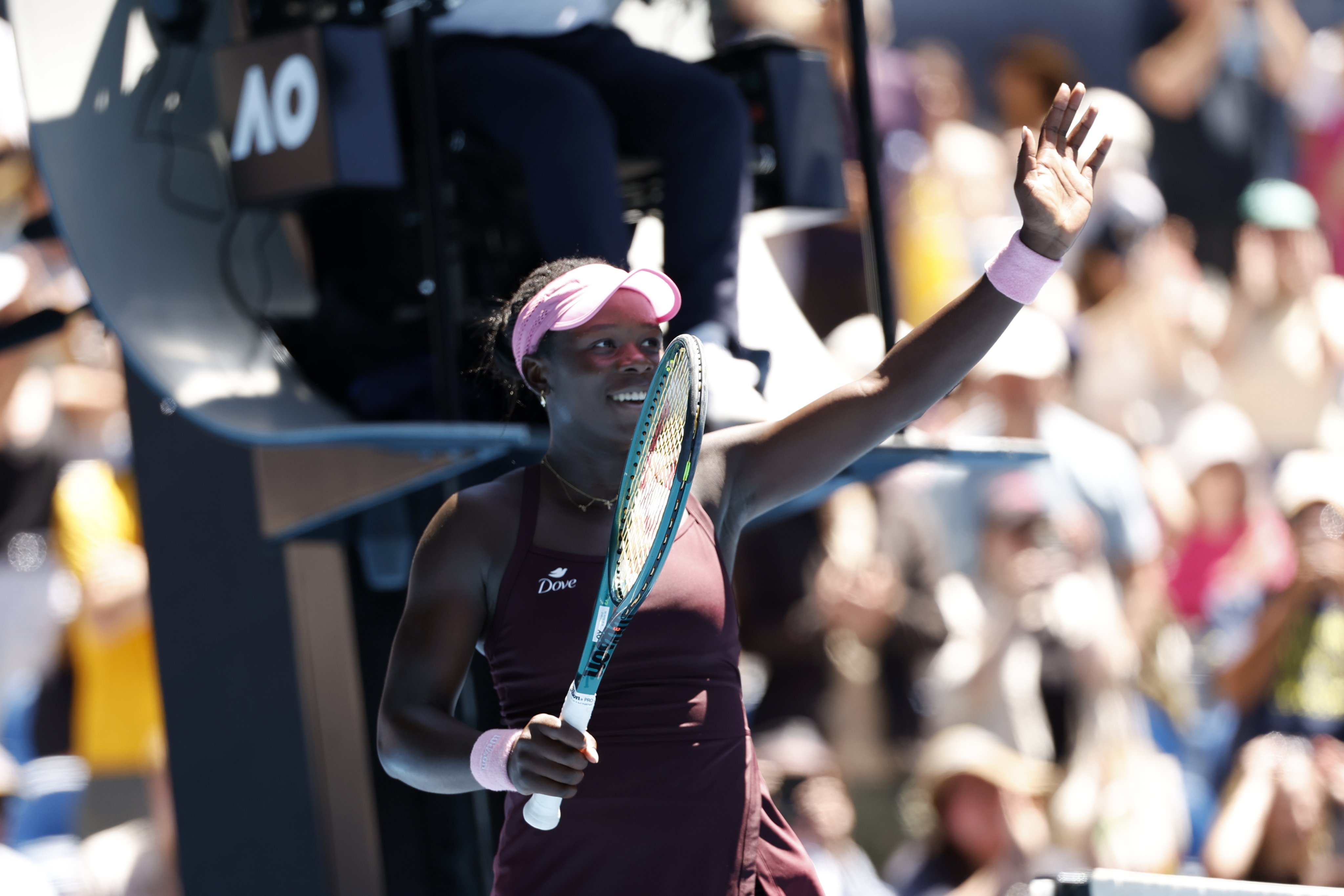 Victoria Mboko of Canada celebrates her win over Clara Tauson of Denmark, setting up a centre-court match against Aryna Sabalenka on Sunday. Photo: EPA