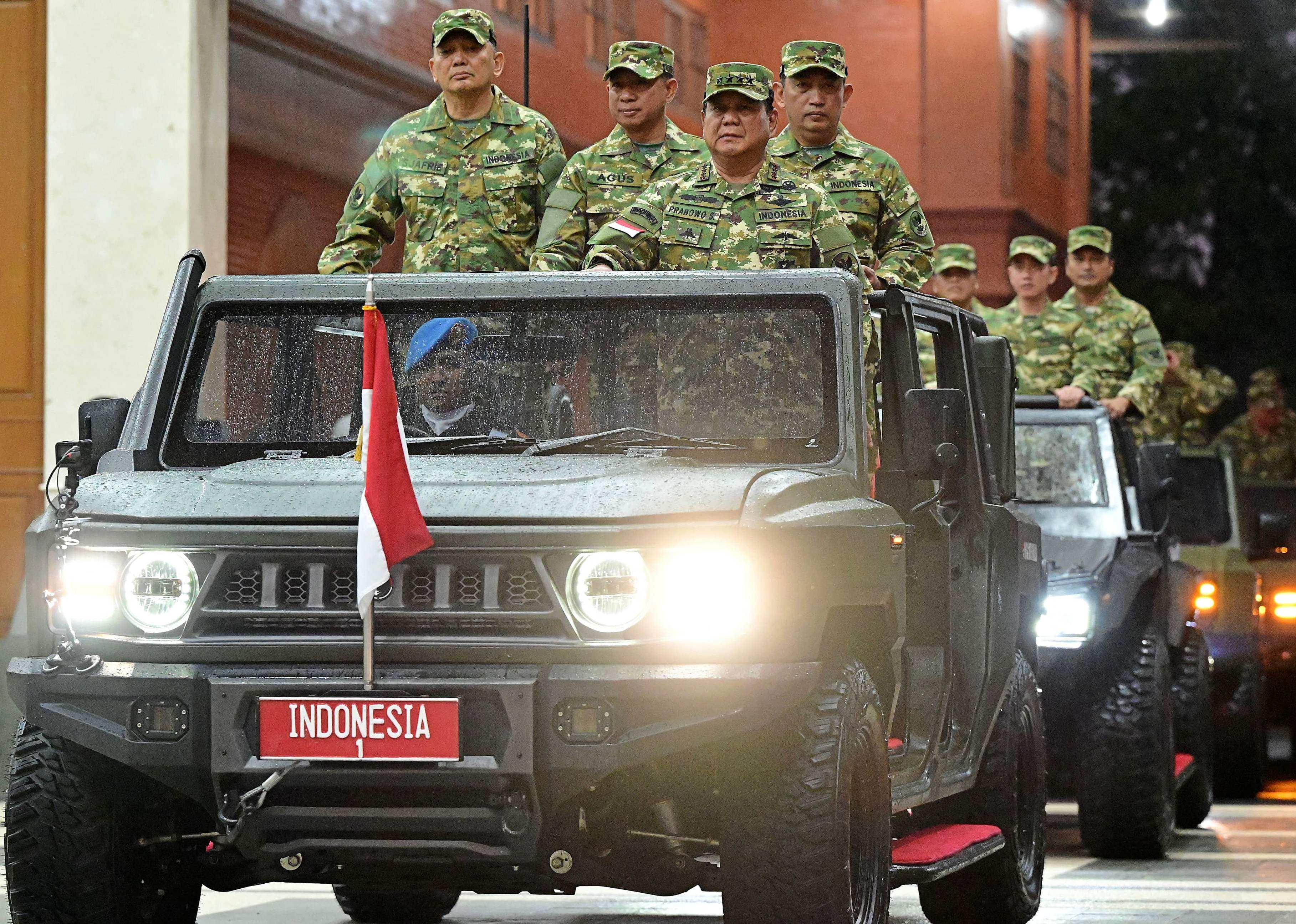 President Prabowo Subianto (third from left) and Defence Minister Sjafrie Sjamsoeddin (left) at the military academy in Magelang, Central Java in 2024. Photo: AFP/Indonesia’s presidential palace