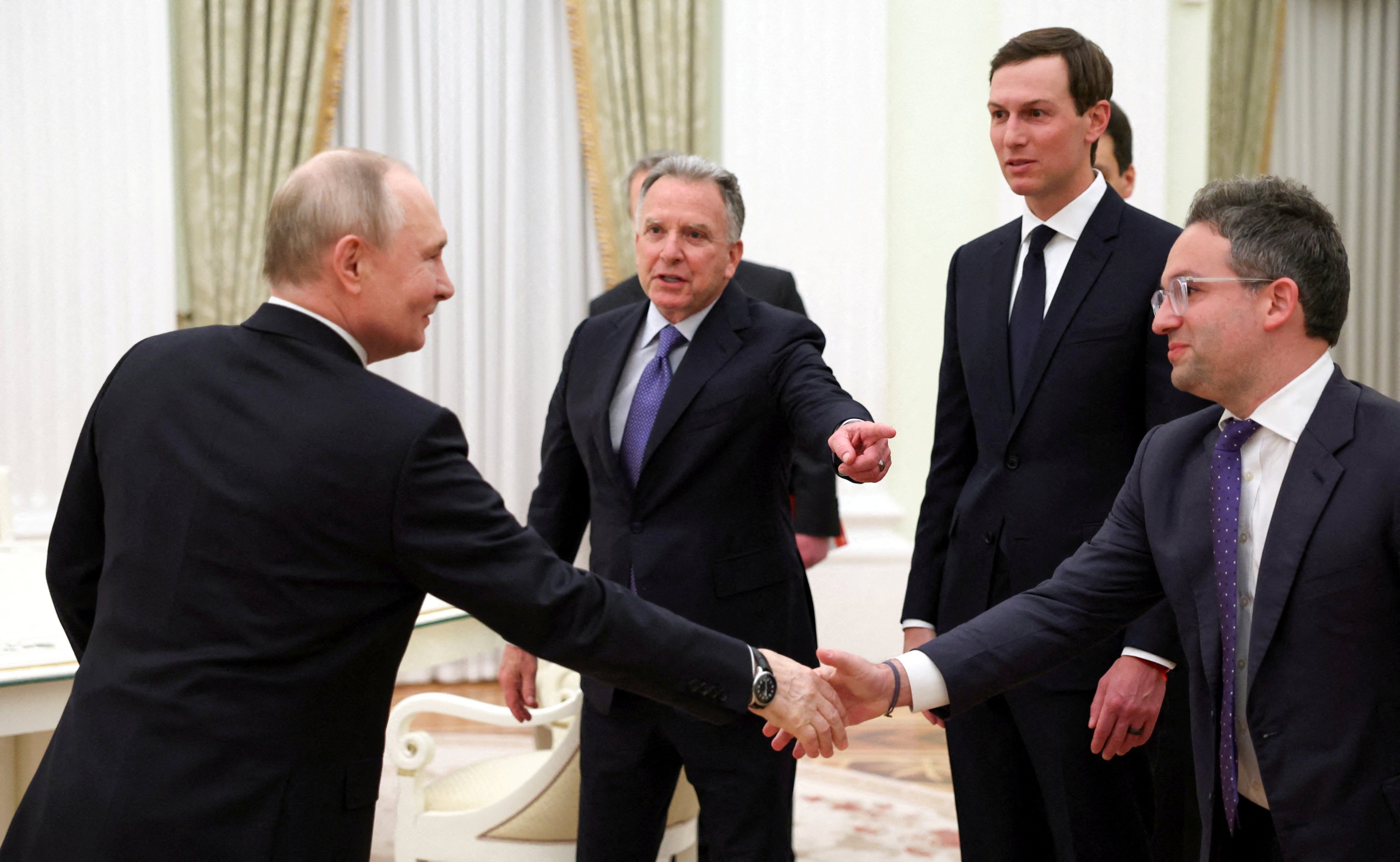 Russia’s President Vladimir Putin with US President Donald Trump’s special envoy Steve Witkoff, son-in-law Jared Kushner and Josh Gruenbaum, head of the Federal Acquisition Service. Photo: Sputnik via Reuters