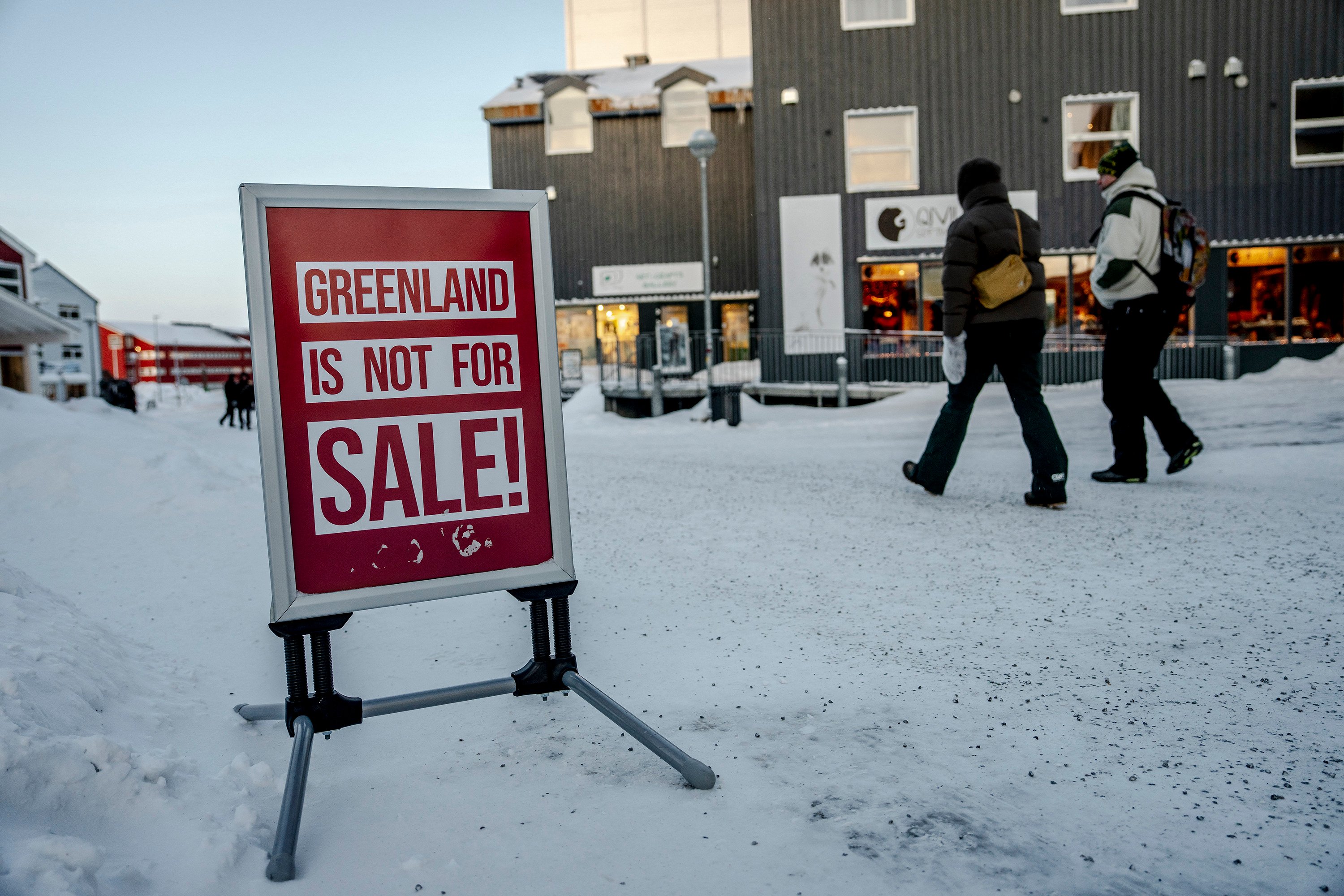 A sign reading “Greenland is not for sale!” is seen in Nuuk, Greenland, on January 20. Photo: AFP / Getty Images / TNS