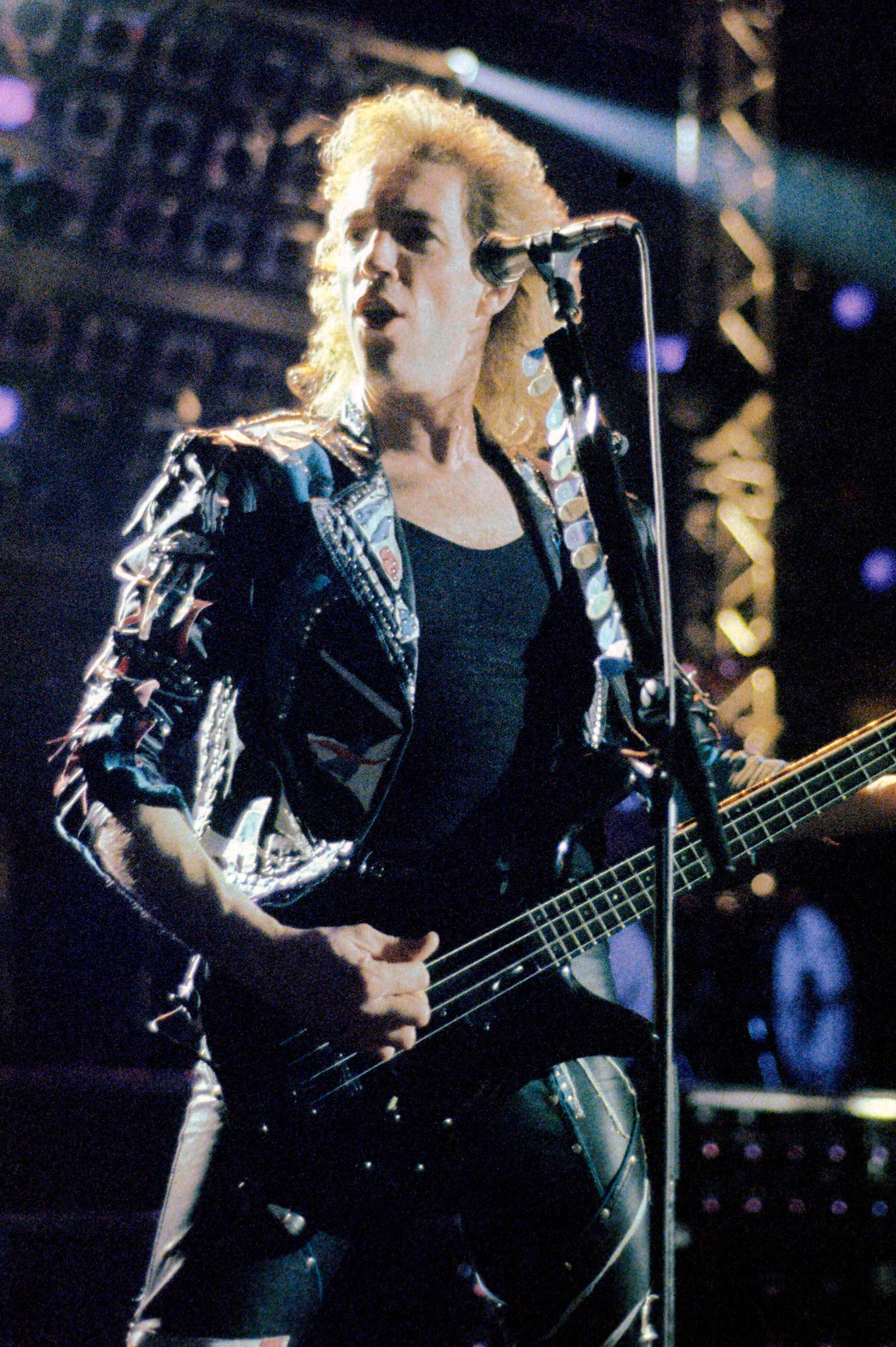 Francis Buchholz of the Scorpions performs in London in 1989. Photo: TNS