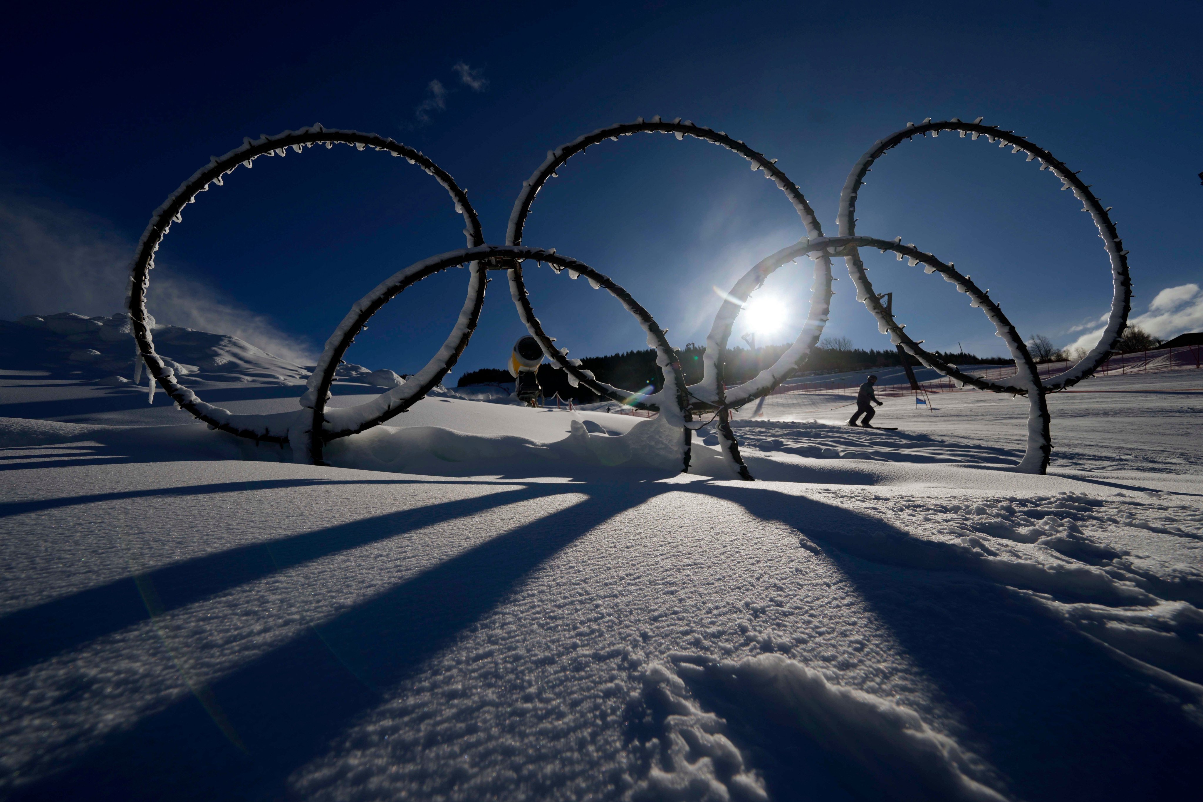 Olympic rings are displayed in the snow at the Stelvio Ski Center, venue for the Alpine skiing and ski mountaineering events. Photo: AP