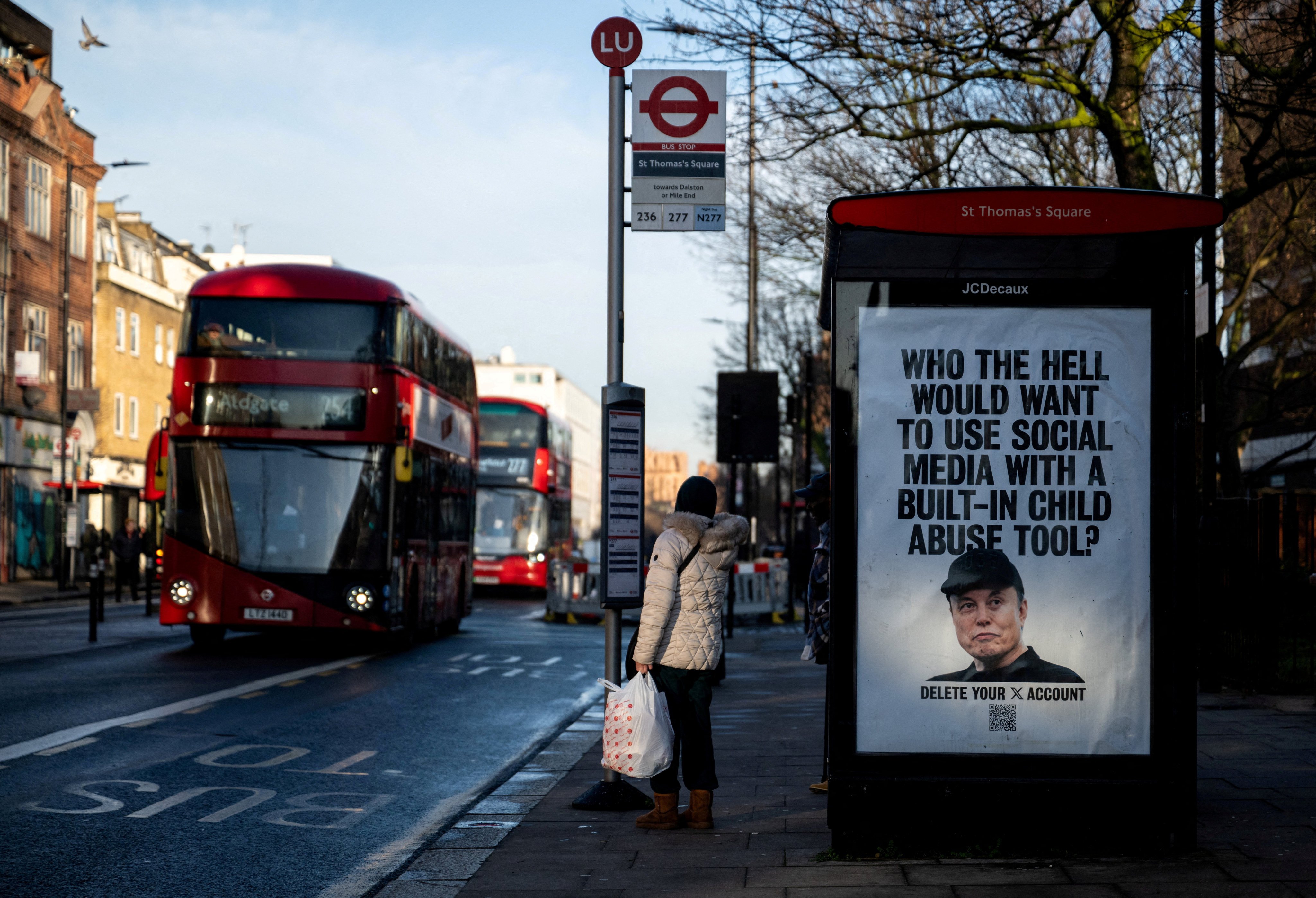 A bus stop displays a poster put in place by protest group Everyone Hates Elon, calling for a boycott of Elon Musk’s social media platform X, in London, Britain, on January 14. Photo: Reuters