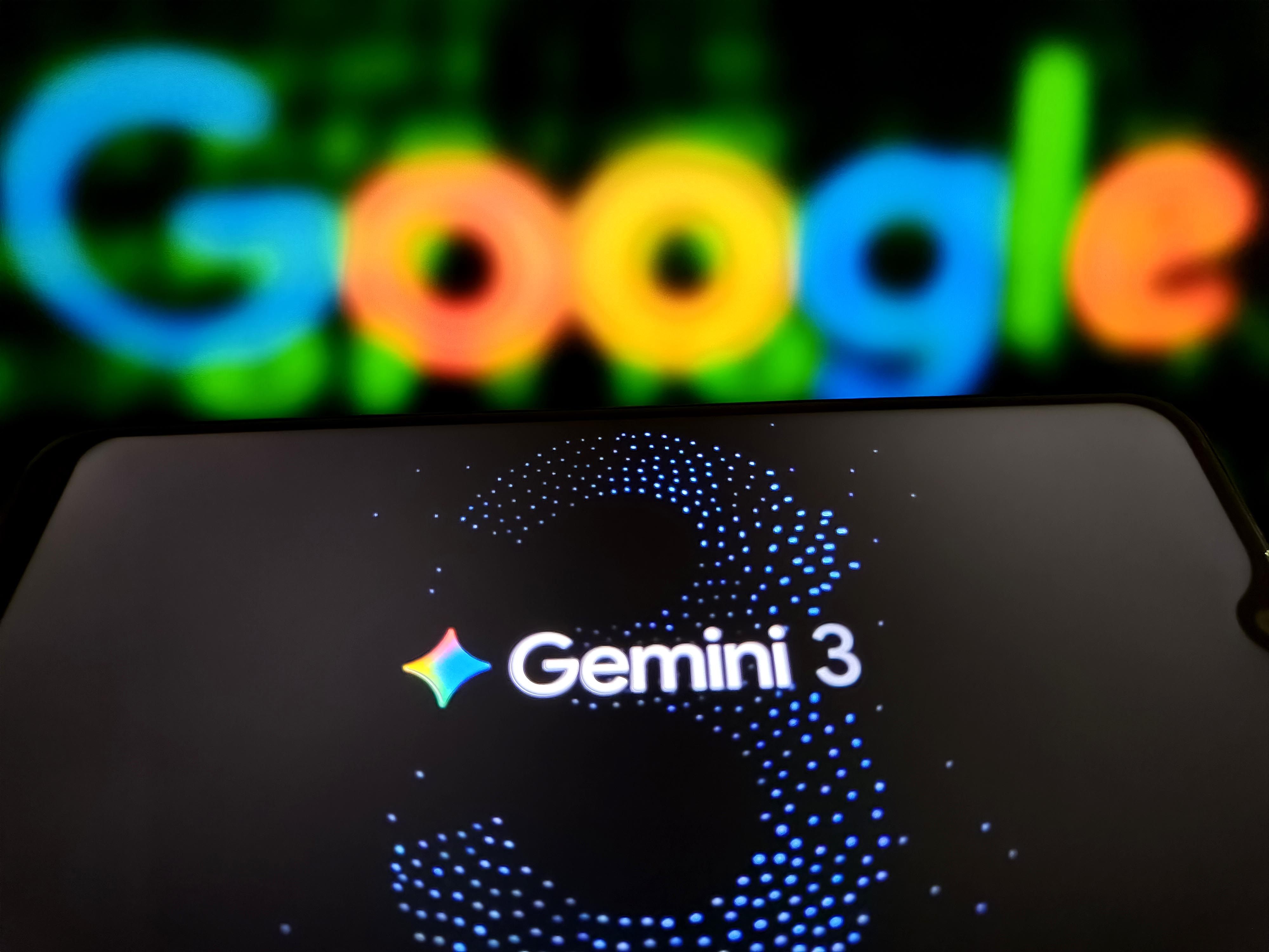 A Gemini 3 logo is displayed on a smartphone screen on November 19, 2025. Photo: CFOTO/Future Publishing/Getty Images