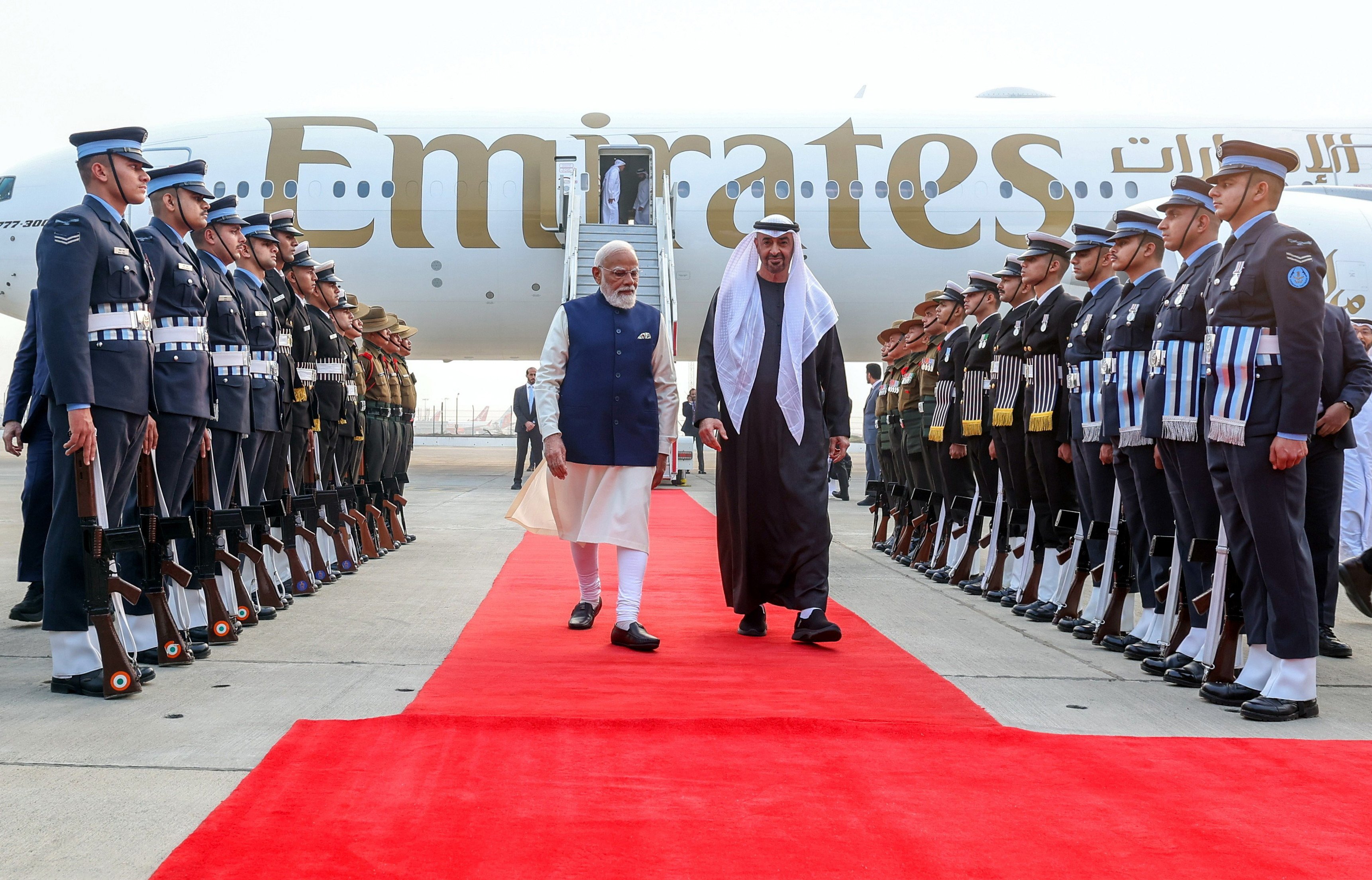 Indian Prime Minister Narendra Modi (left) welcoming Sheikh Mohammed bin Zayed Al Nahyan, President of the United Arab Emirates, at New Delhi airport on January 19. Photo: EPA