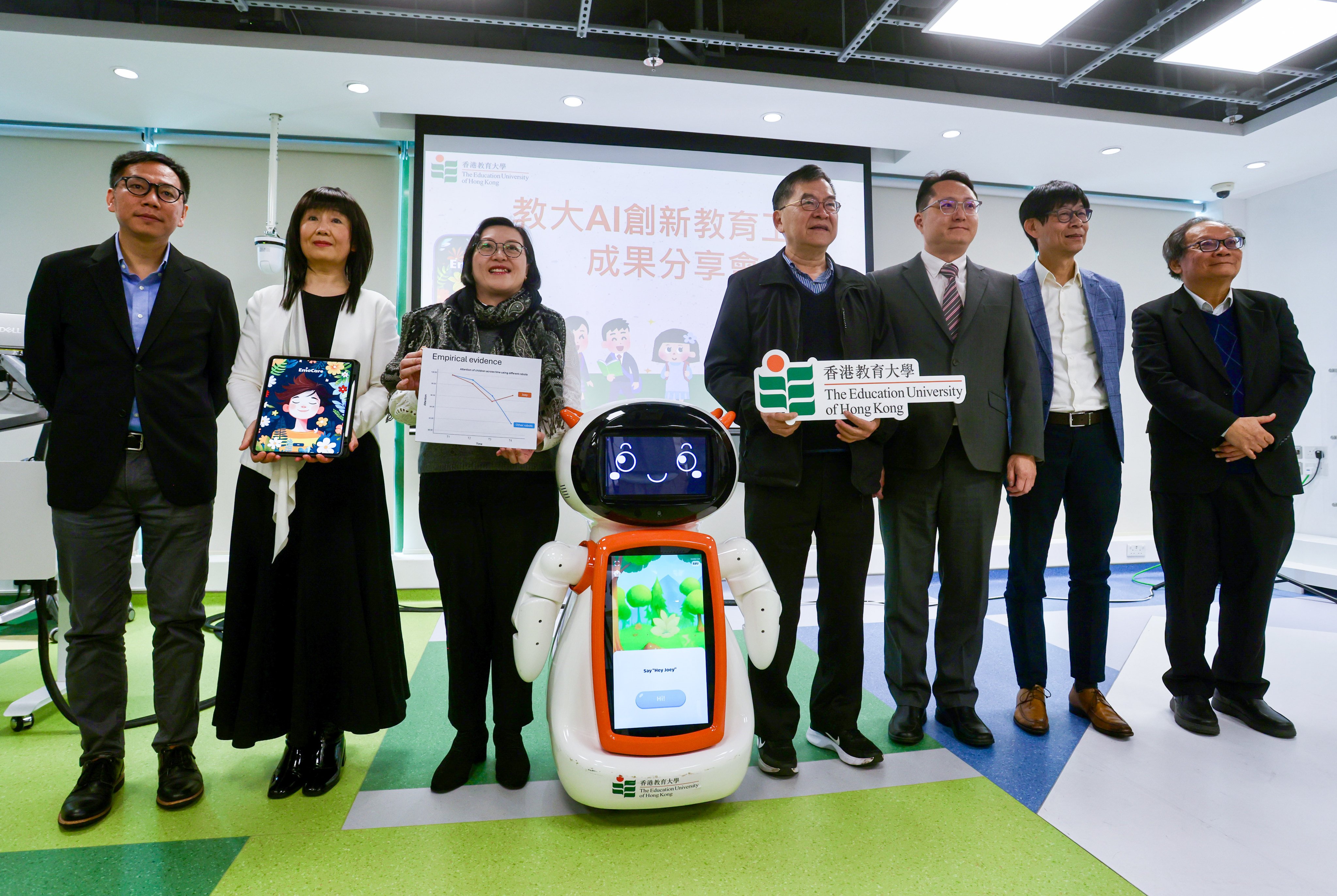 EdUHK’s AI Education Tools showcase with (left to right) Professor Alpha Ling Man-ho, Professor Song Yanjie,  and associate vice-president (quality assurance) of the department of psychology Susanna Yeung Siu-sze. Photo: Jonathan Wong