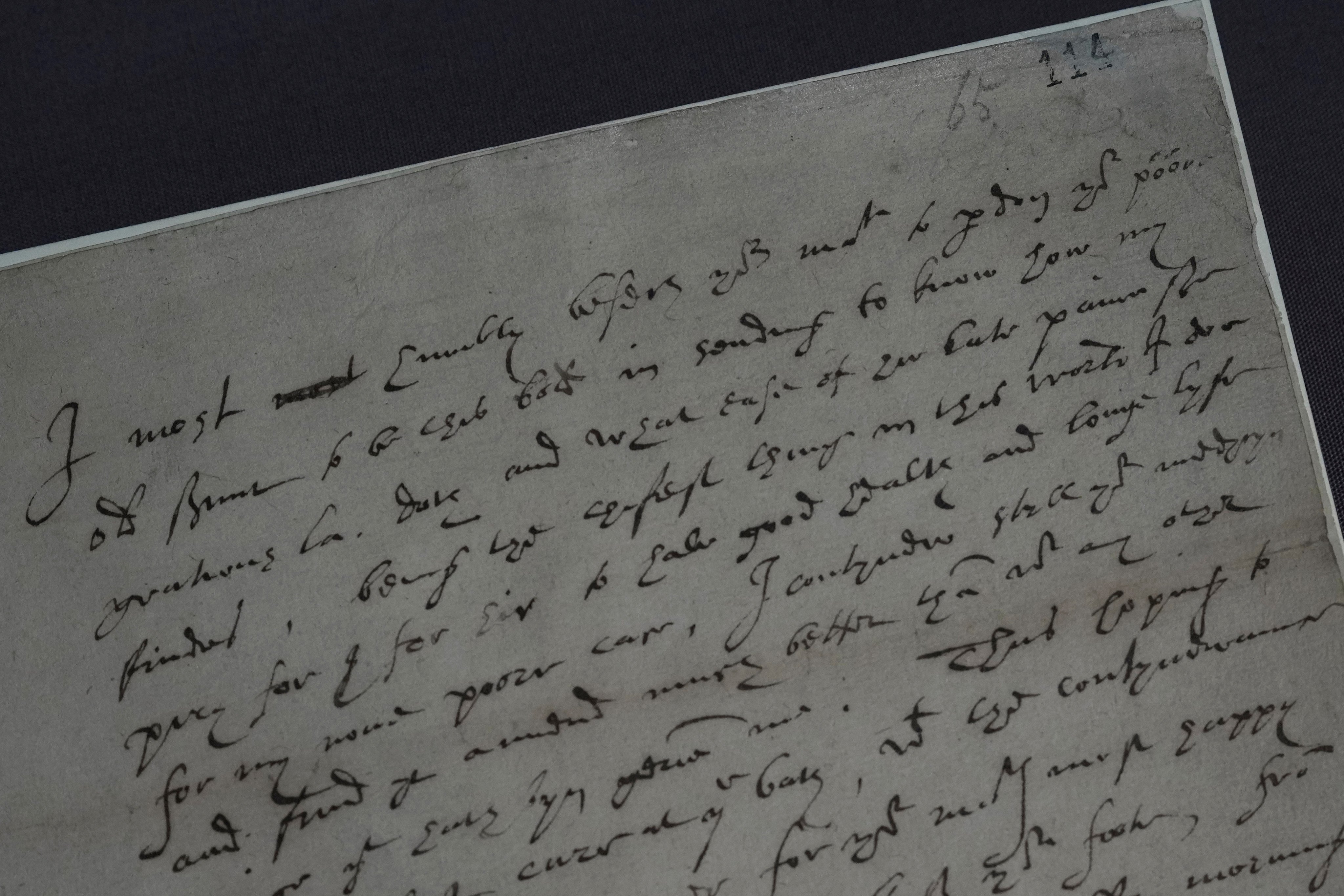 A letter written by Robert Dudley to Queen Elizabeth I is part of an exhibition titled Love Letters at the National Archives in London. Photo: AP