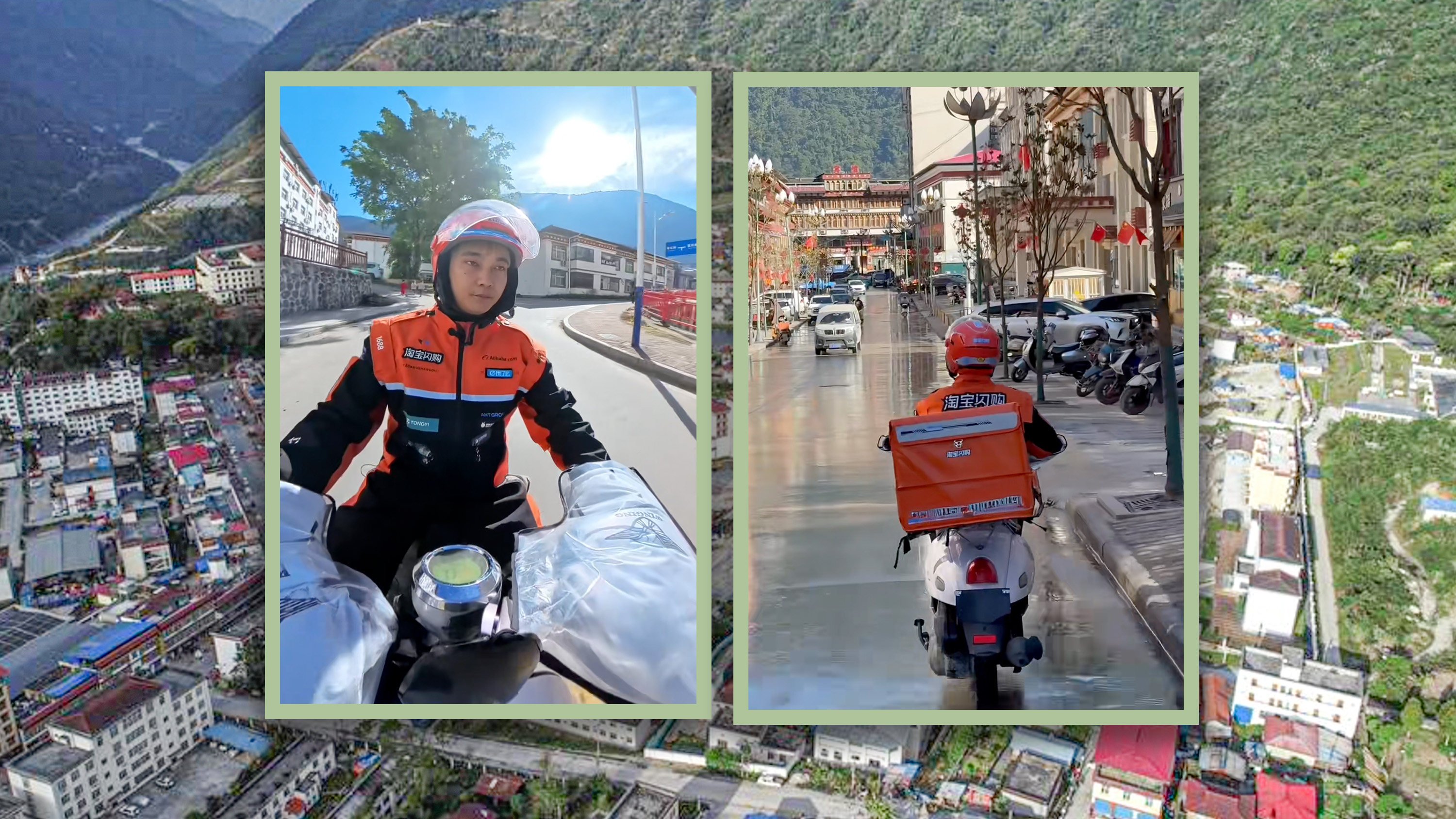 A young Chinese man who is the only delivery rider in the remote Tibetan town of Motuo completes up to 200 orders a day. Photo: SCMP composite/Xinhua/RedNote