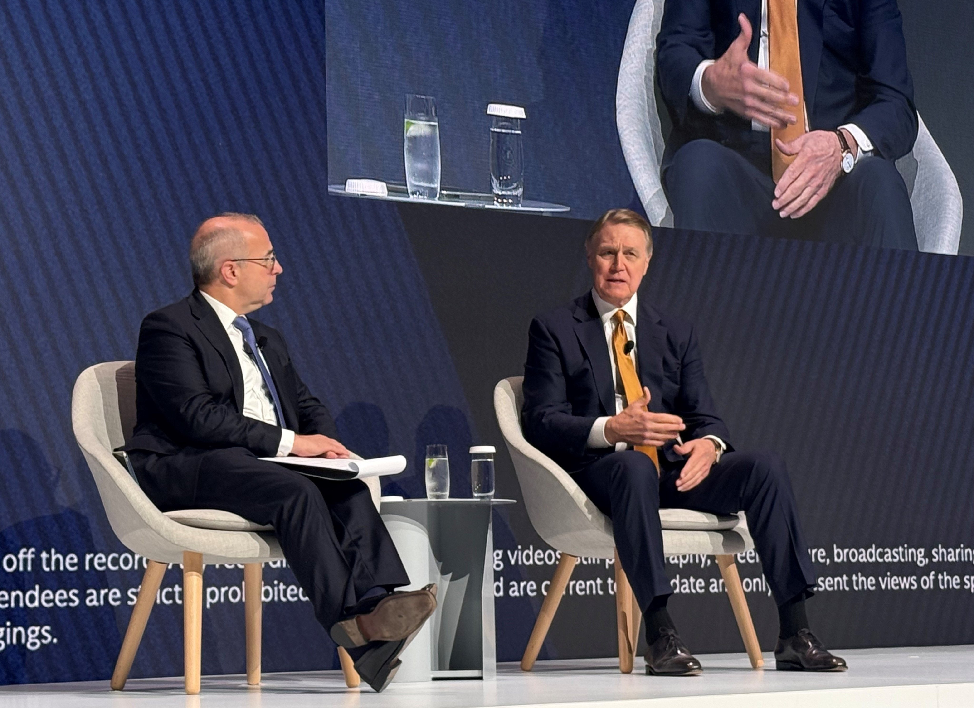 America’s ambassador to China, David Perdue, speaks at the Goldman Sachs Global Macro Conference Asia-Pacific on Tuesday. Photo: Handout