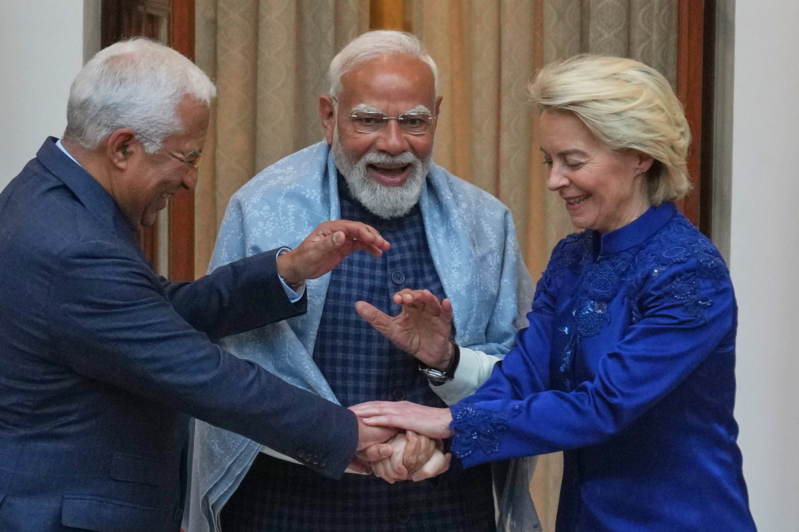 Indian Prime Minister Narendra Modi (centre) with European Council President Antonio Costa and European Commission President Ursula von der Leyen in New Delhi, India, on Tuesday. Photo: AP