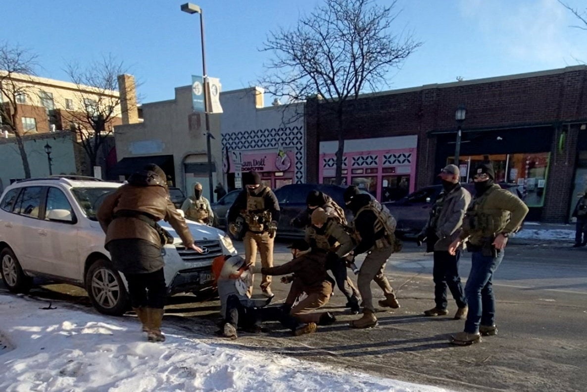 A video screengrab shows a law enforcement officer pinning Alex Pretti before he was fatally shot in Minneapolis on January 24. Photo: Reuters