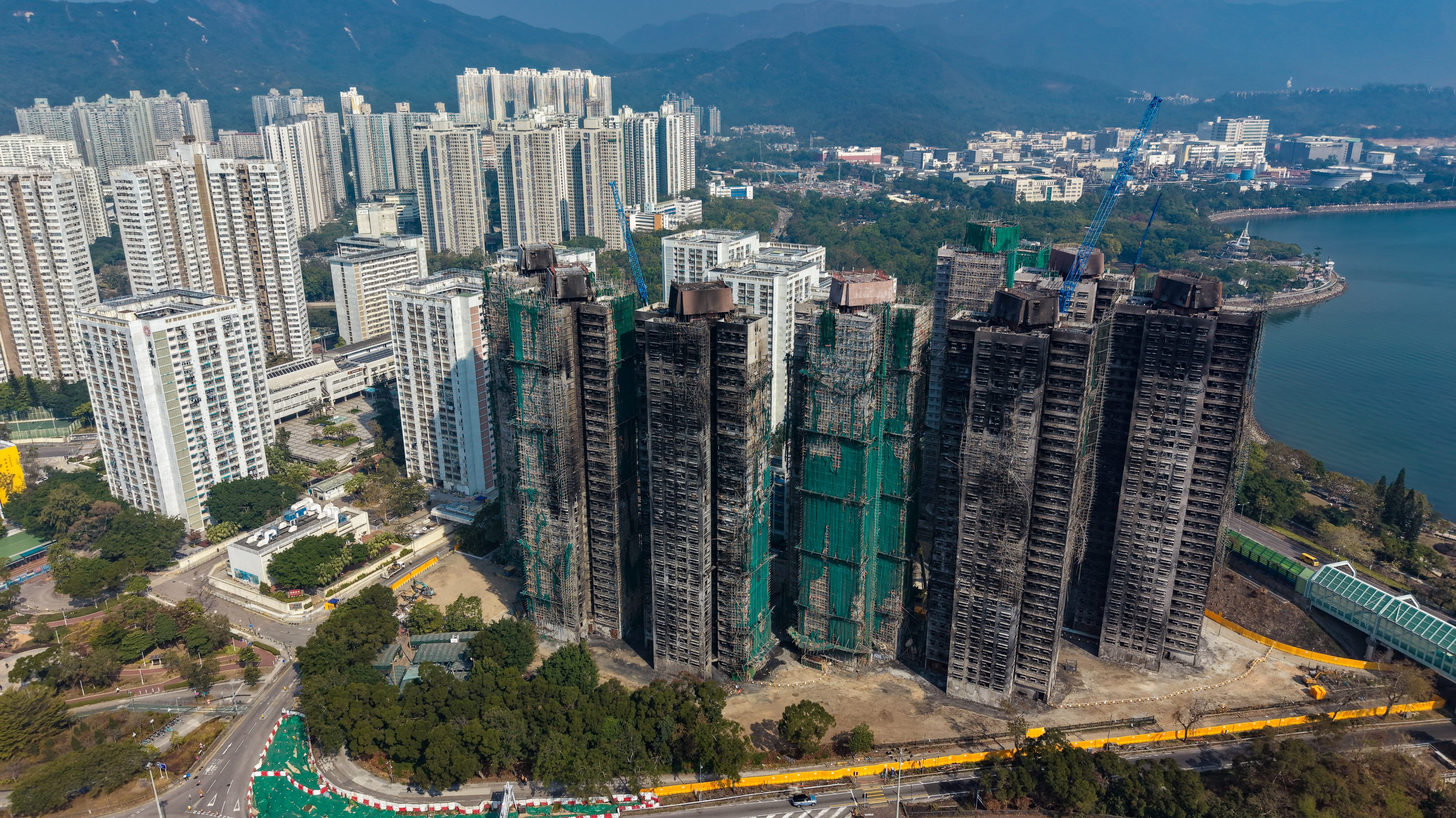 An aerial view of Wang Fuk Court in Tai Po. Seven of the estate’s eight blocks were devastated in a catastrophic fire last November. Photo: Sam Tsang