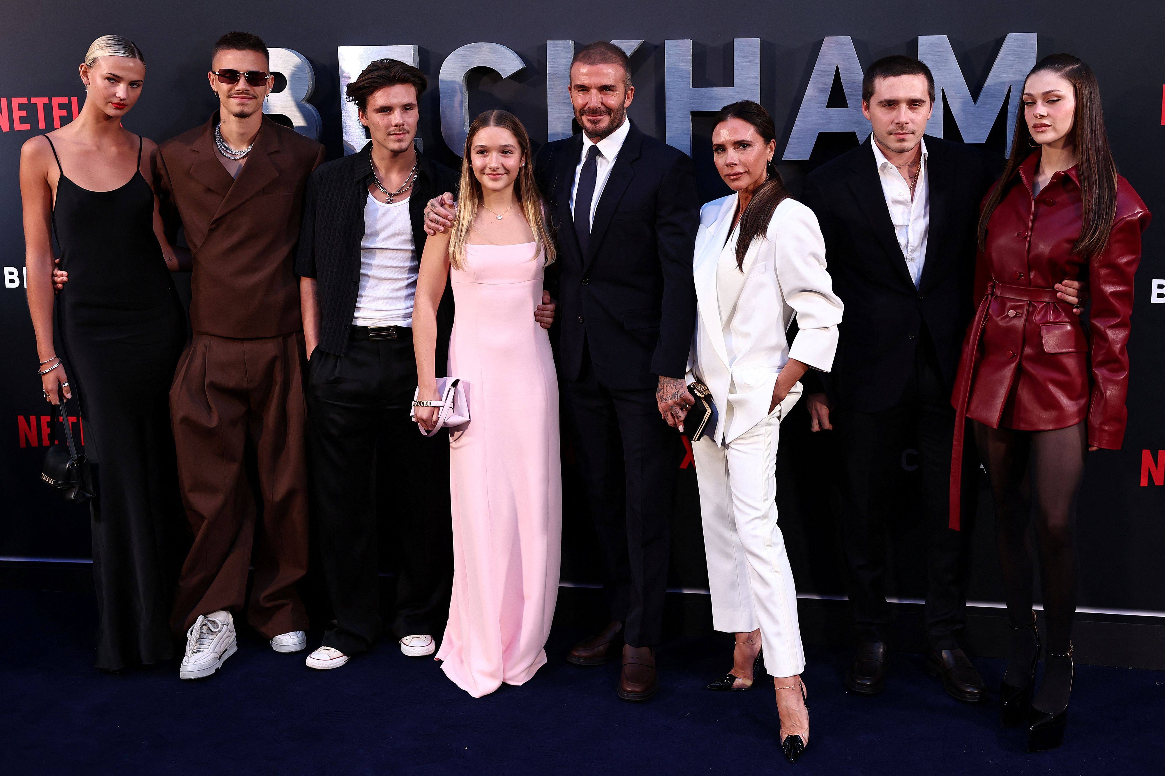 (From left) David Beckham, Victoria Beckham, Brooklyn Beckham and Nicola Peltz attend the premiere of the Netflix documentary “Beckham” in London on October 3, 2023. Brooklyn Beckham has said he does not want to reconcile with his parents after a family rift he described on social media on January 19. Photo: AFP