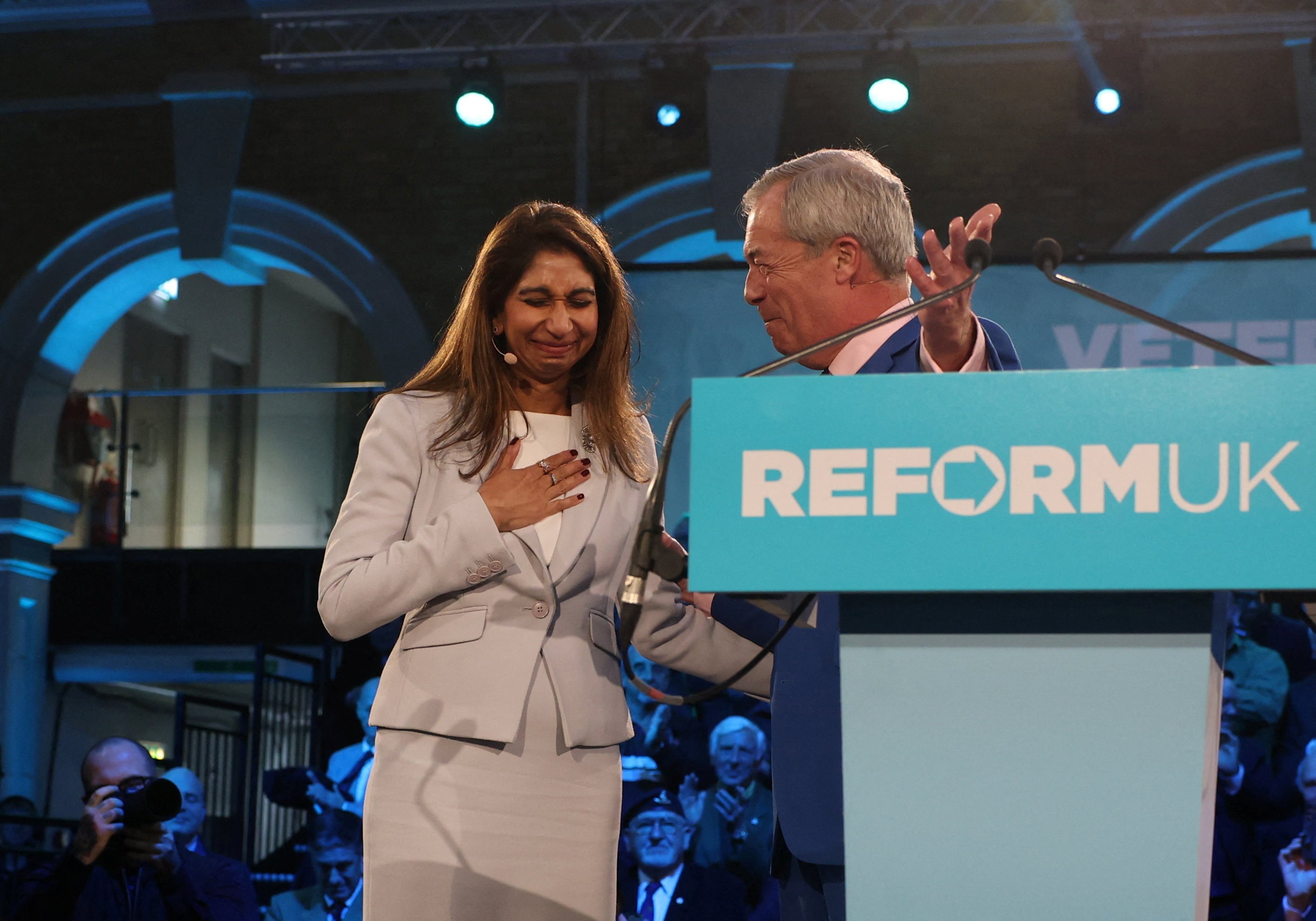 Suella Braverman, former Conservative home secretary, and Reform UK leader Nigel Farage in London on Monday. Photo: Reuters