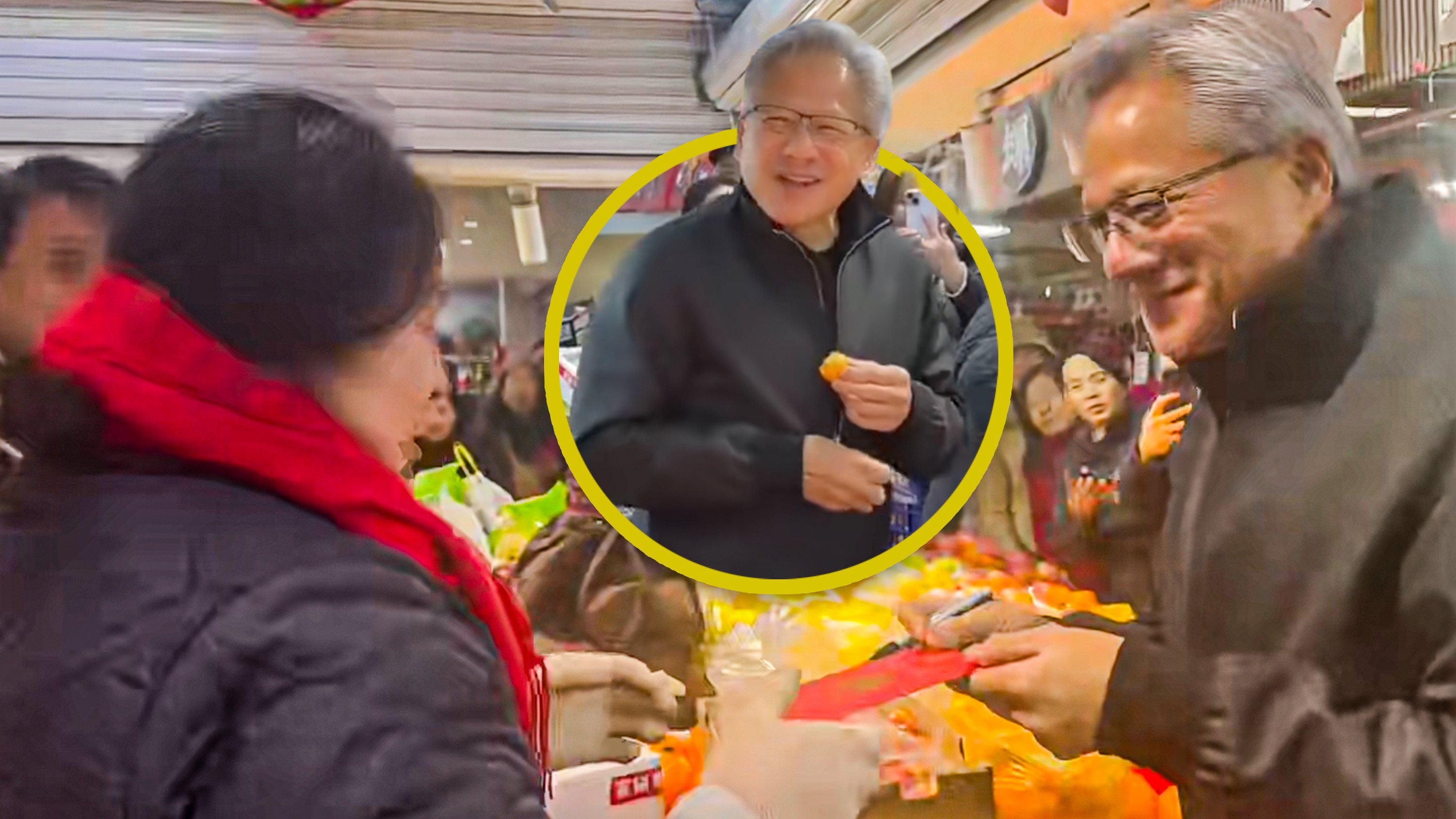 A Shanghai market vendor received a lai see packet from Nvidia’s CEO, Jensen Huang, but humorously admitted she did not recognise him. Photo: SCMP composite/RedNote