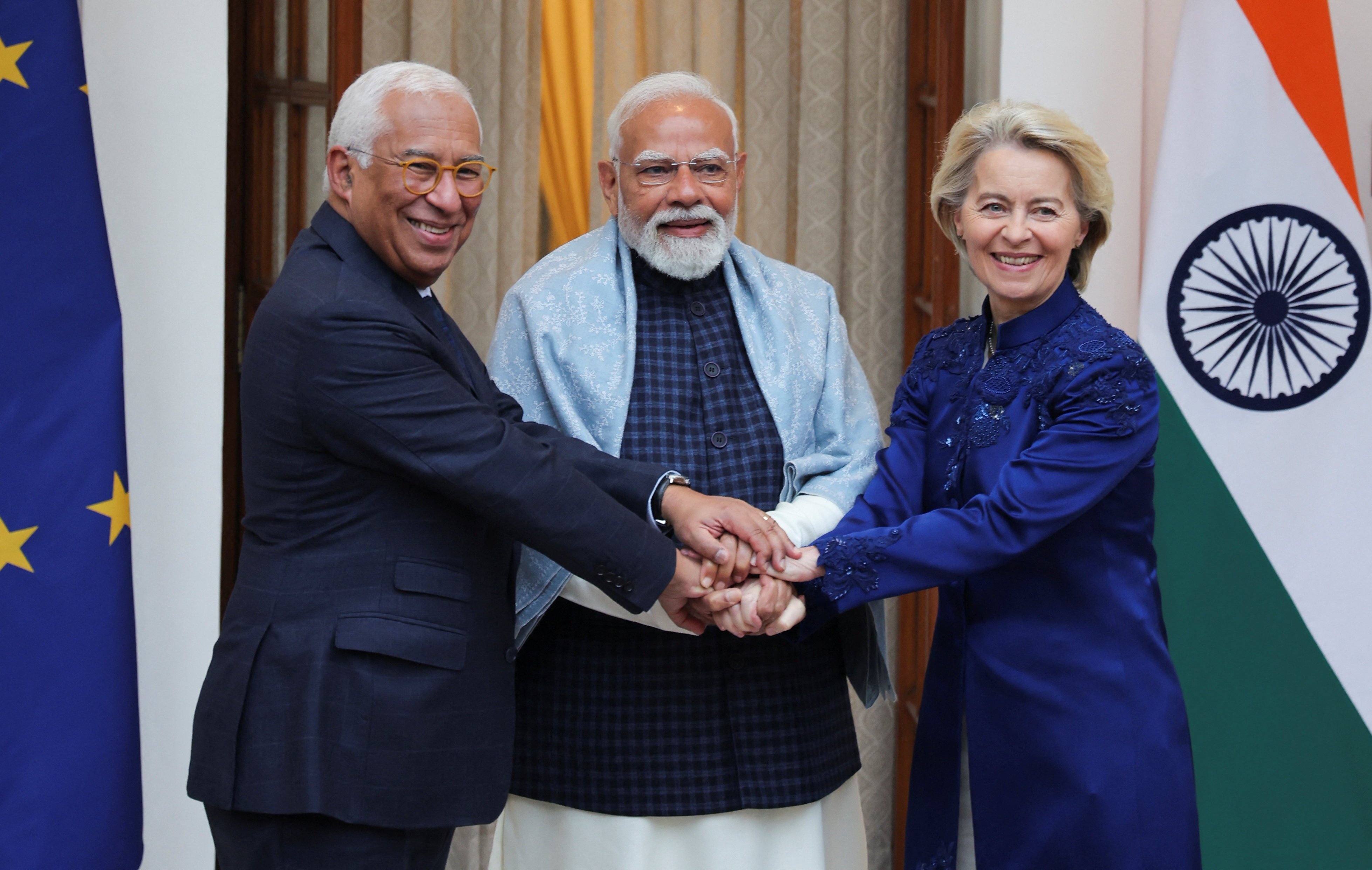The European Council president, Antonio Costa (left); the European Commission president, Ursula von der Leyen (right); and Indian Prime Minister Narendra Modi pose ahead of their meeting in New Delhi on Tuesday. Photo: Reuters