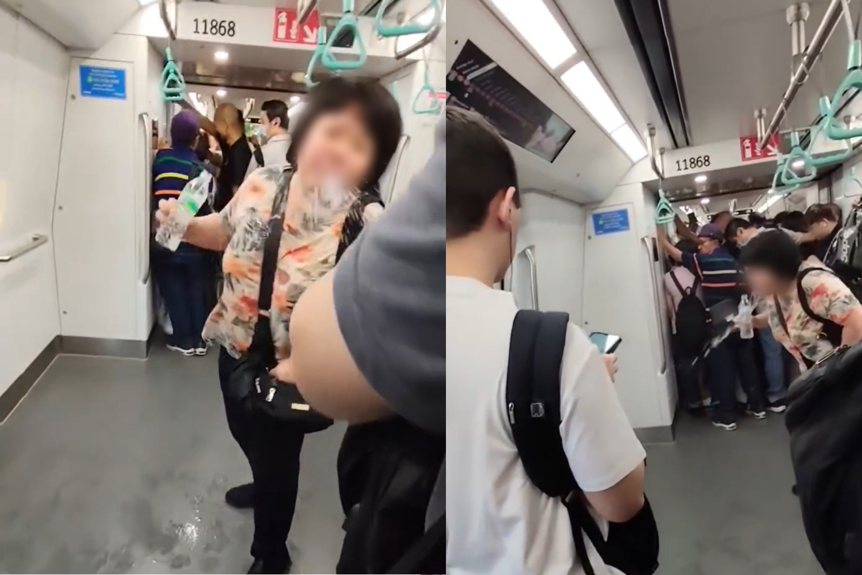Screengrab from a viral video of a woman spitting out water on the floor and at passengers on an MTR train in Singapore. Photo: Instagram / summeryeow0573