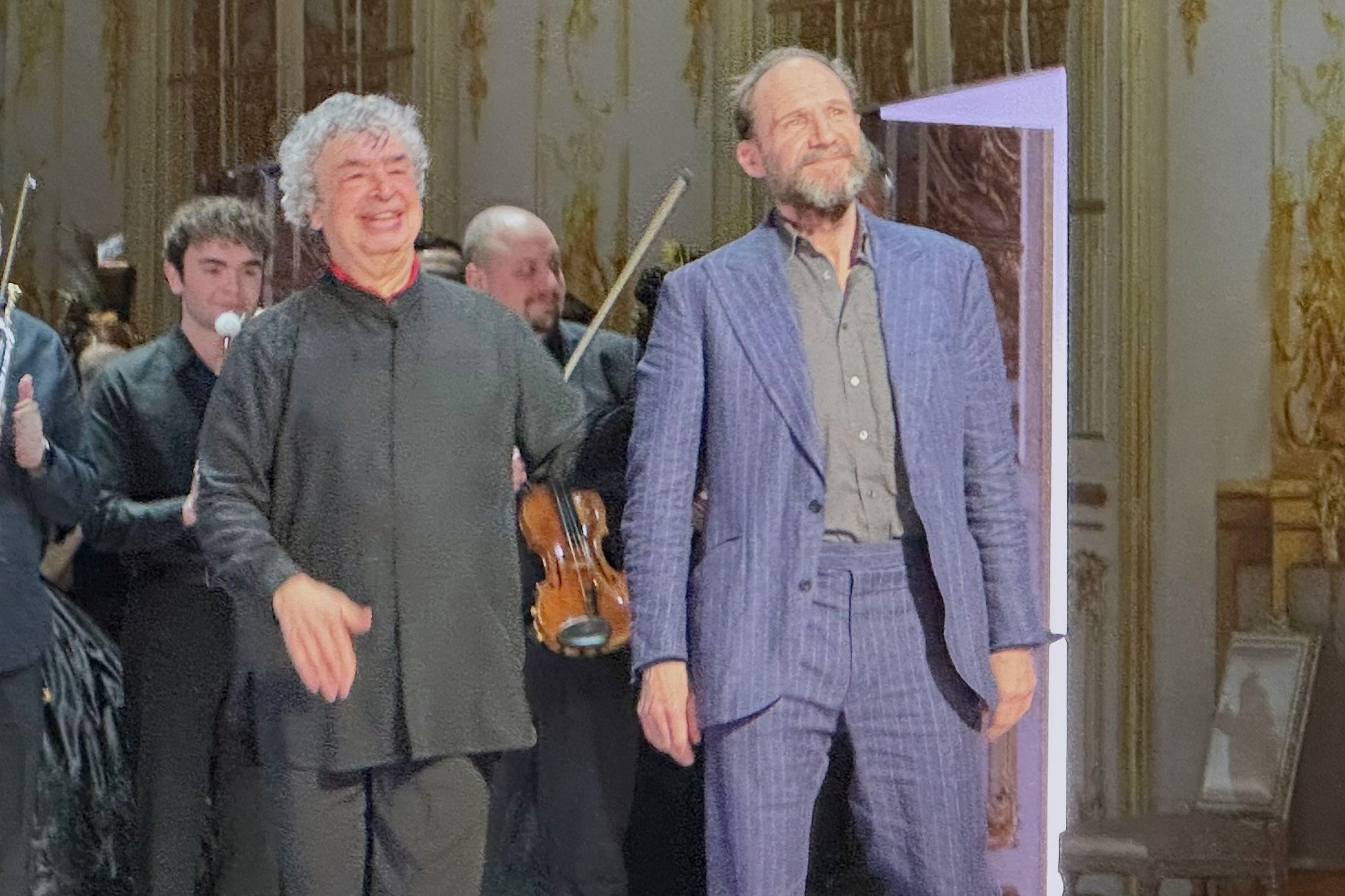 Ralph Fiennes (right) appears with conductor Semyon Bychkov after the actor’s opera directing debut at the Palais Garnier in Paris on January 26, 2026. Photo: AP