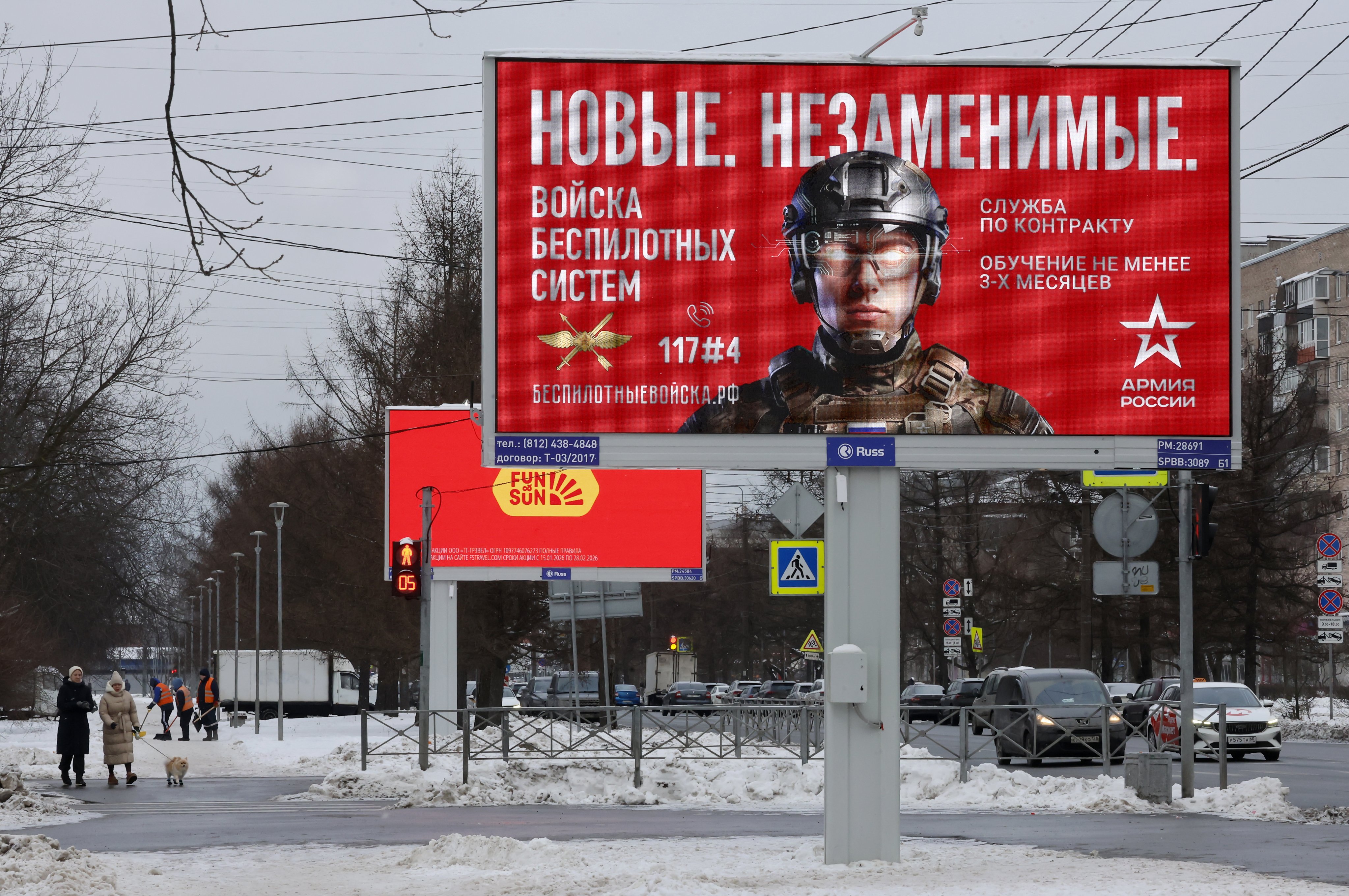 A billboard in St Petersburg advertising contract Russian military service. It reads: ‘New. Irreplaceable. Unmanned Systems Troops’. Photo: EPA