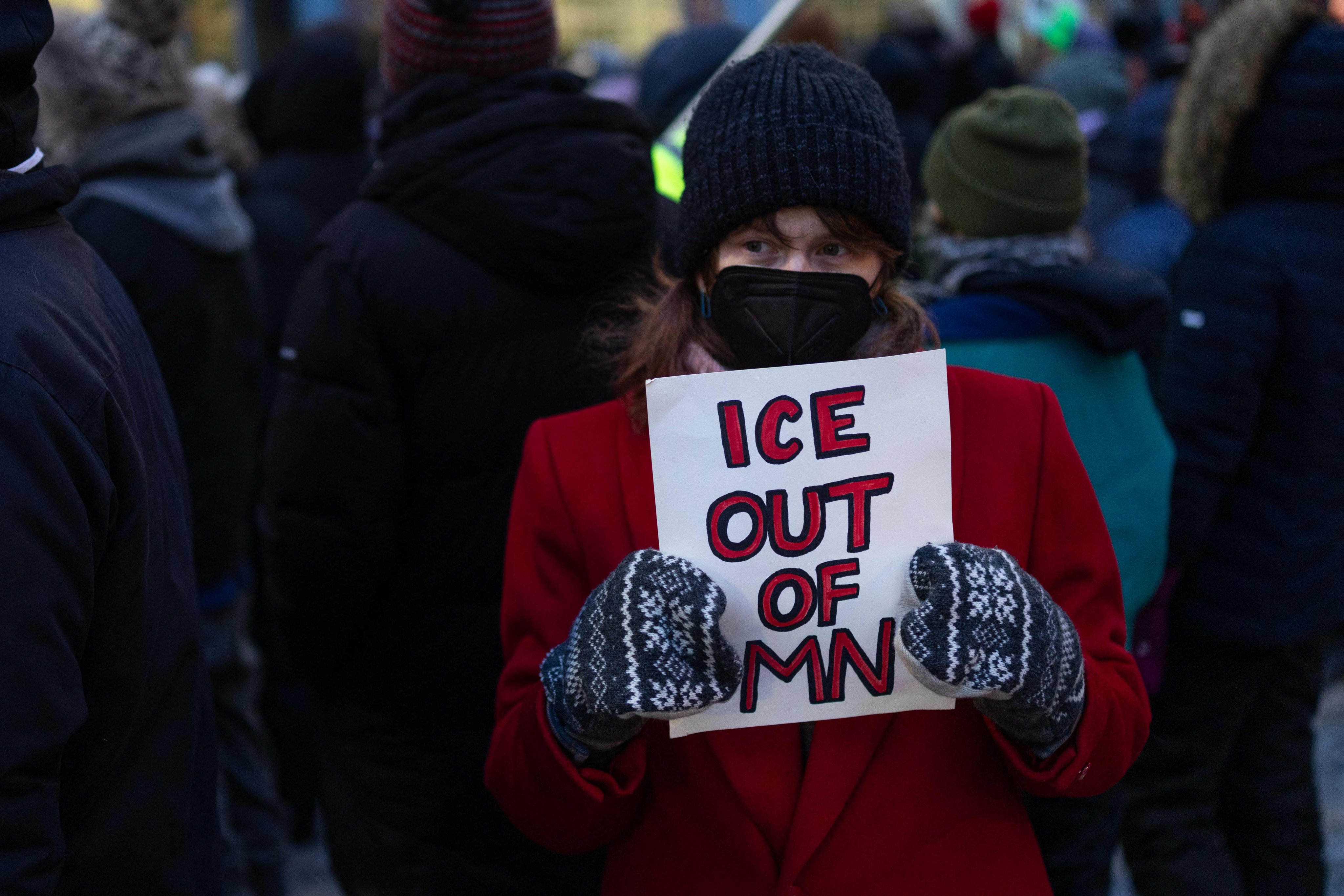 Demonstrators protest, calling for an end to ICE operations in Minnesota, outside the office of US Senator Amy Klobuchar on January 26 in Minneapolis. Photo: Getty Images via AFP