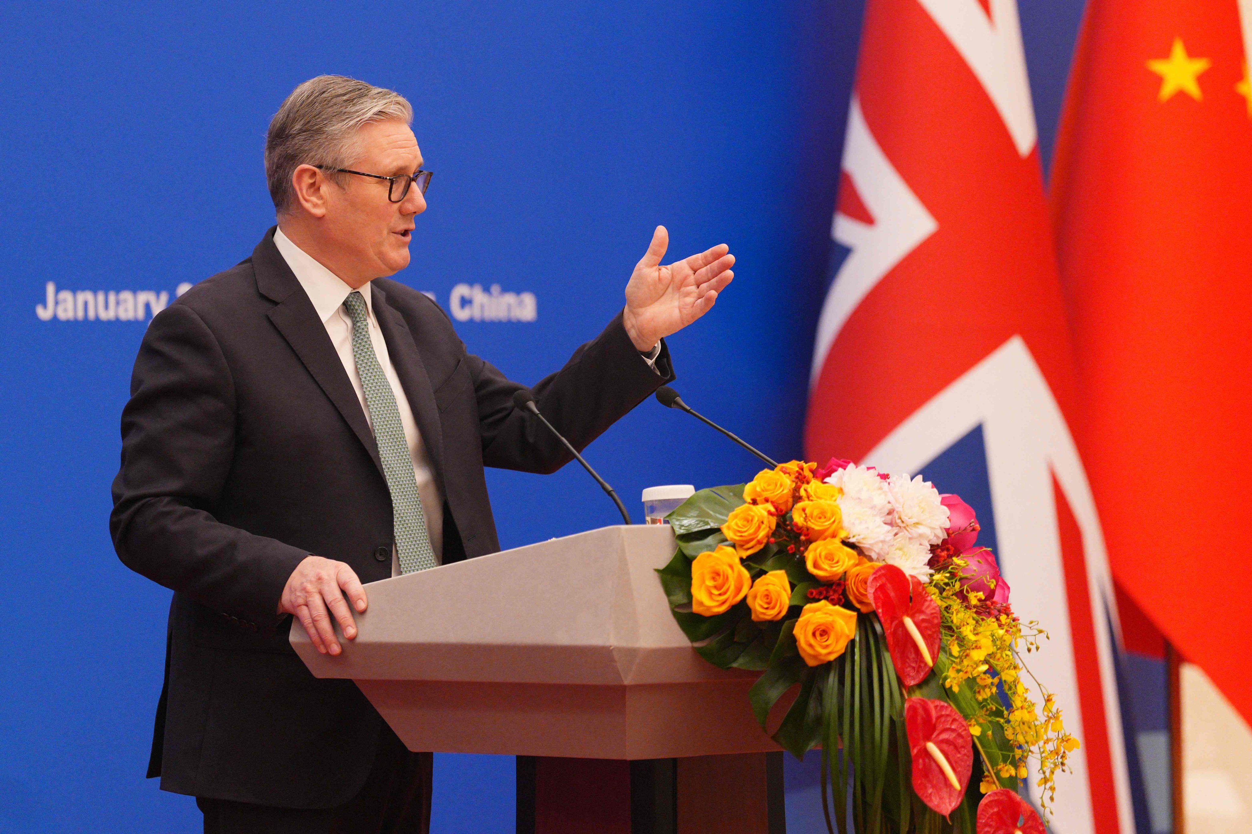 British Prime Minister Keir Starmer speaks at the Great Hall of the People in Beijing on Thursday during his visit to China. Photo: AFP