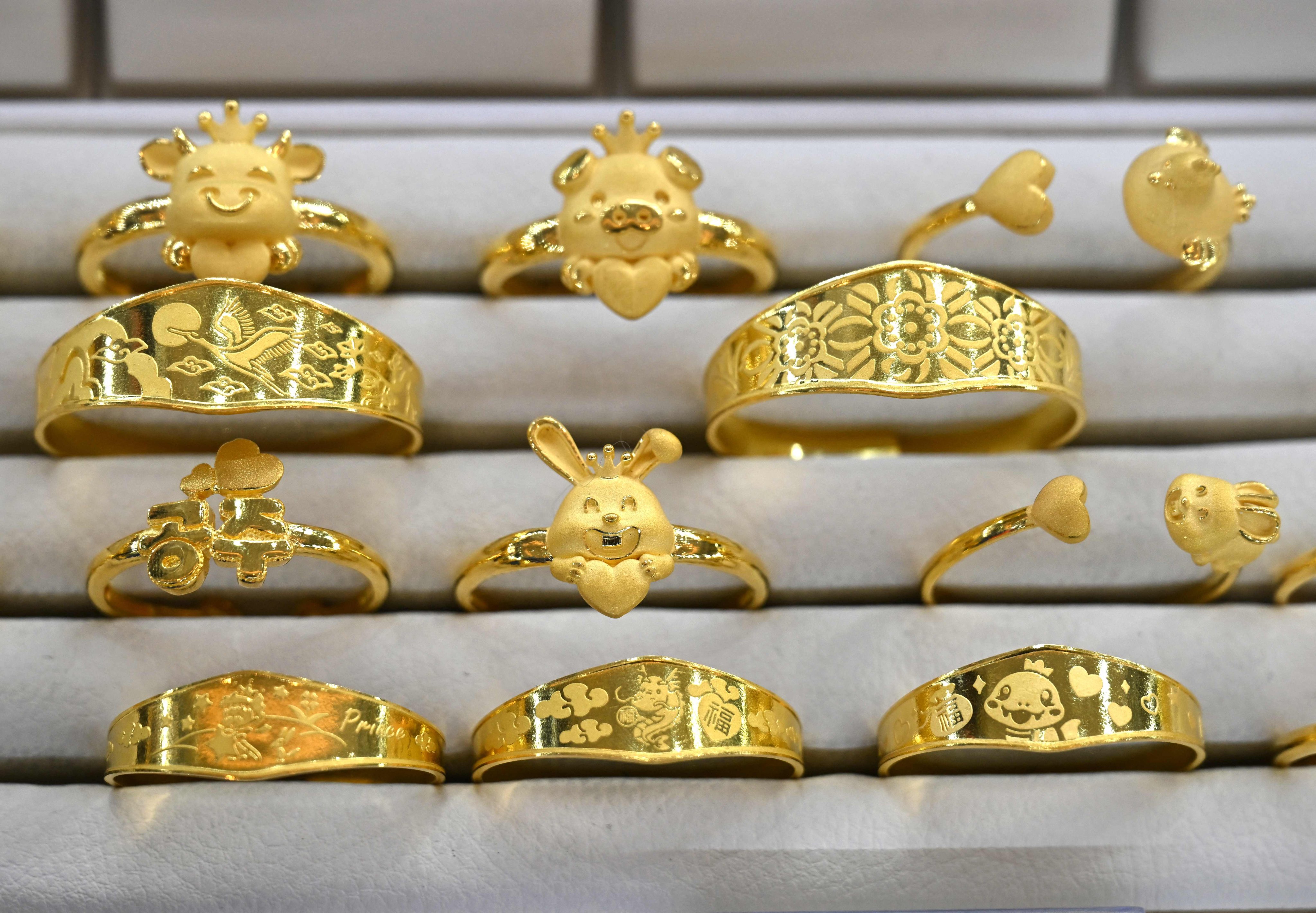 Gold jewellery on display at a store in Seoul, South Korea, on Monday. Photo: AFP