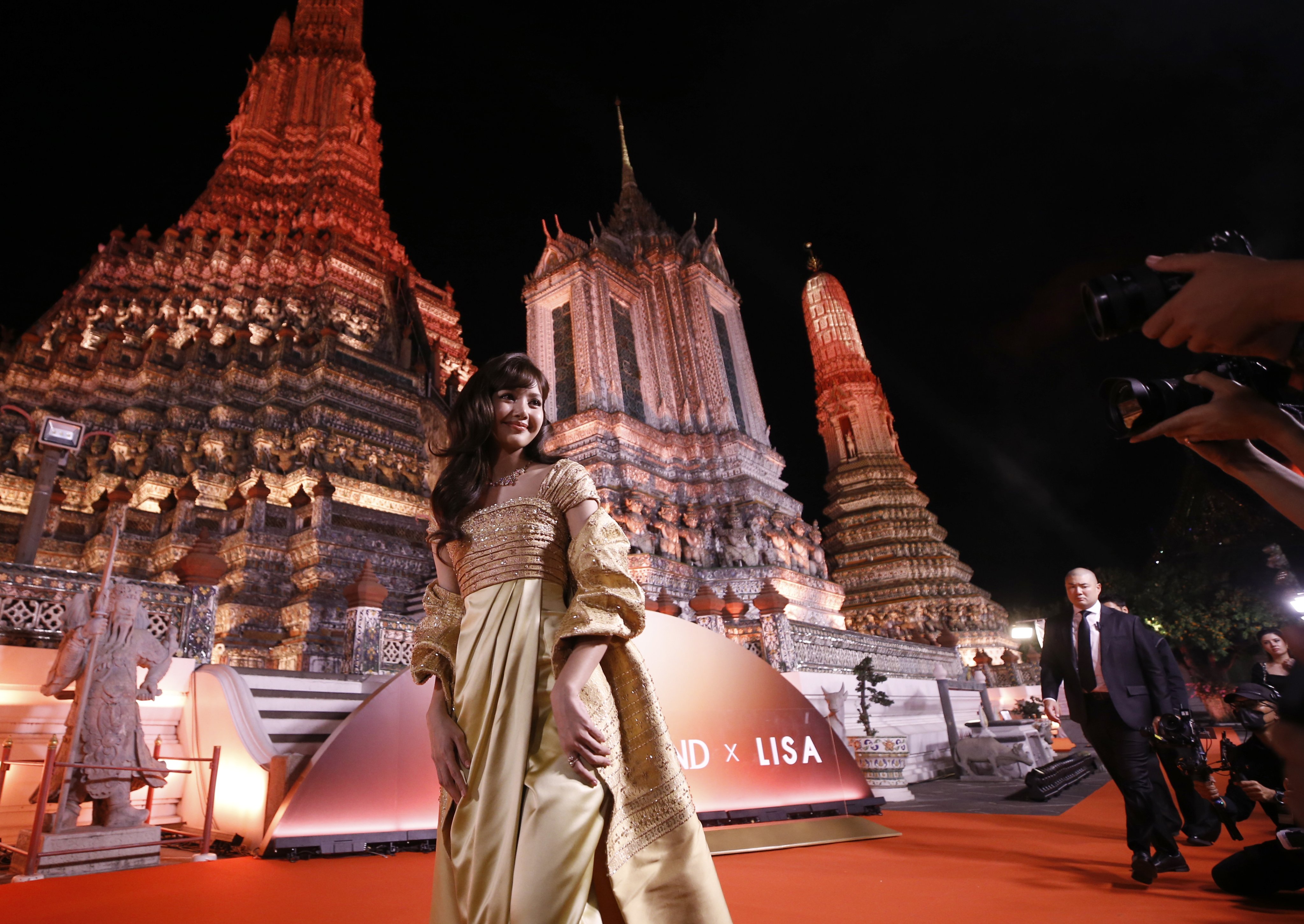 Thai singer and actress Lalisa Manobal arrives for the Amazing Thailand Ambassador Exclusive Night at the Temple of Dawn or Wat Arun in Bangkok, Thailand, on Wednesday. Photo: EPA