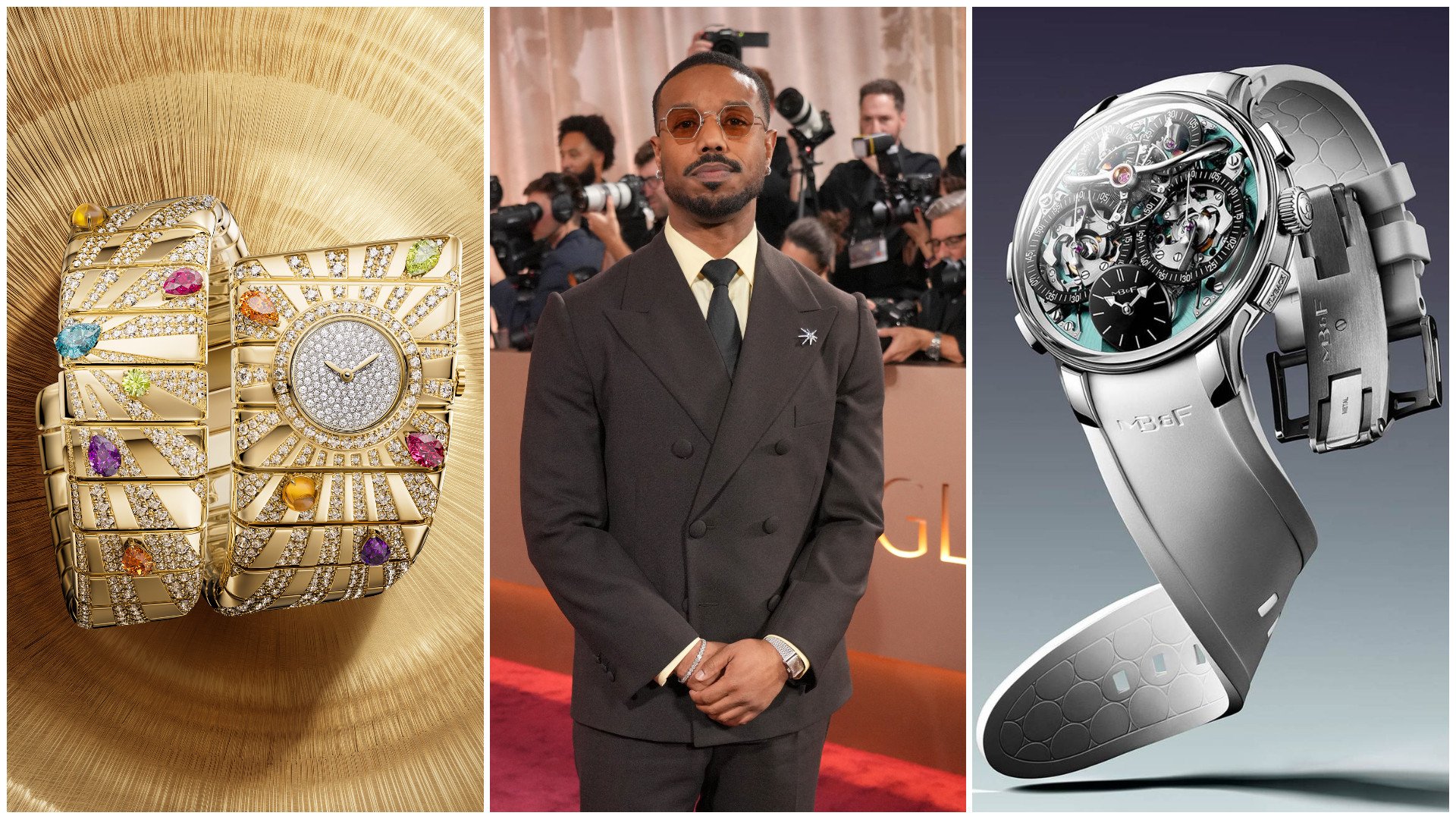From left: Bulgari Tubogas Manchette unveiled at LVMH Watch Week 2026; Michael B. Jordan sports vintage Patek Philippe at the Golden Globes; MB&F presents the LM Sequential Flyback Evo in Titanium. Photos: Handout; AP